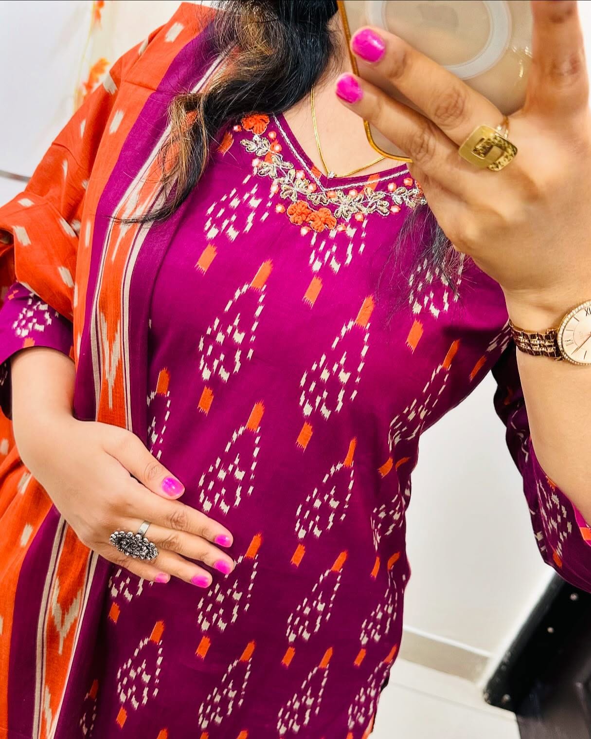Discharge Print Cotton Suit with Embroidery & Sequins Work, Pant & Dupatta