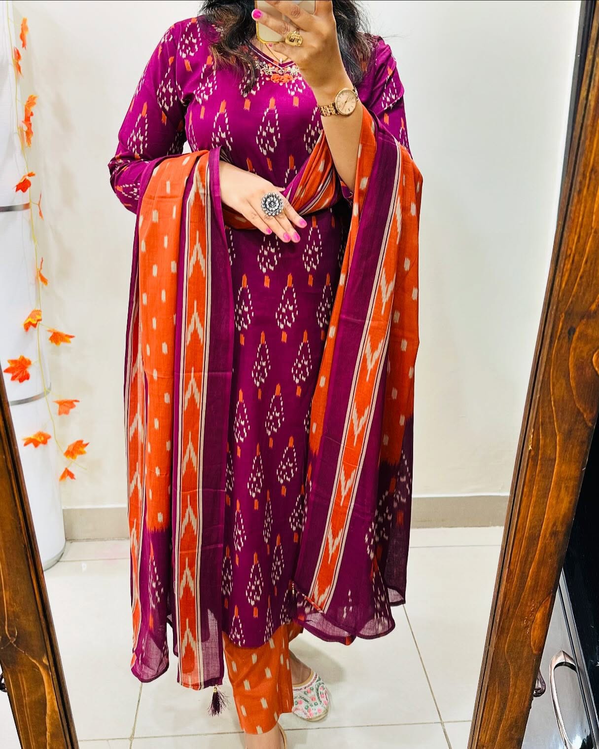 Discharge Print Cotton Suit with Embroidery & Sequins Work, Pant & Dupatta