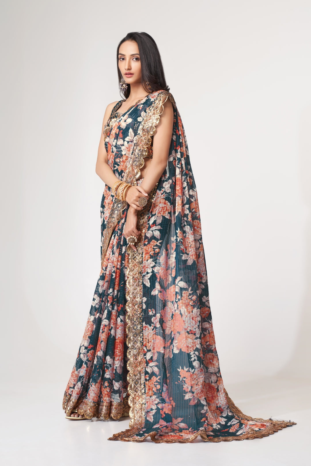Dove Blue Organza Saree with Sequin Embroidery and Digital Print