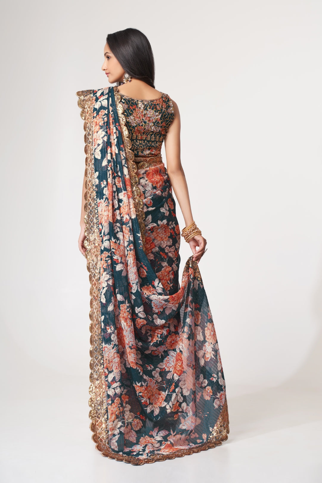 Dove Blue Organza Saree with Sequin Embroidery and Digital Print