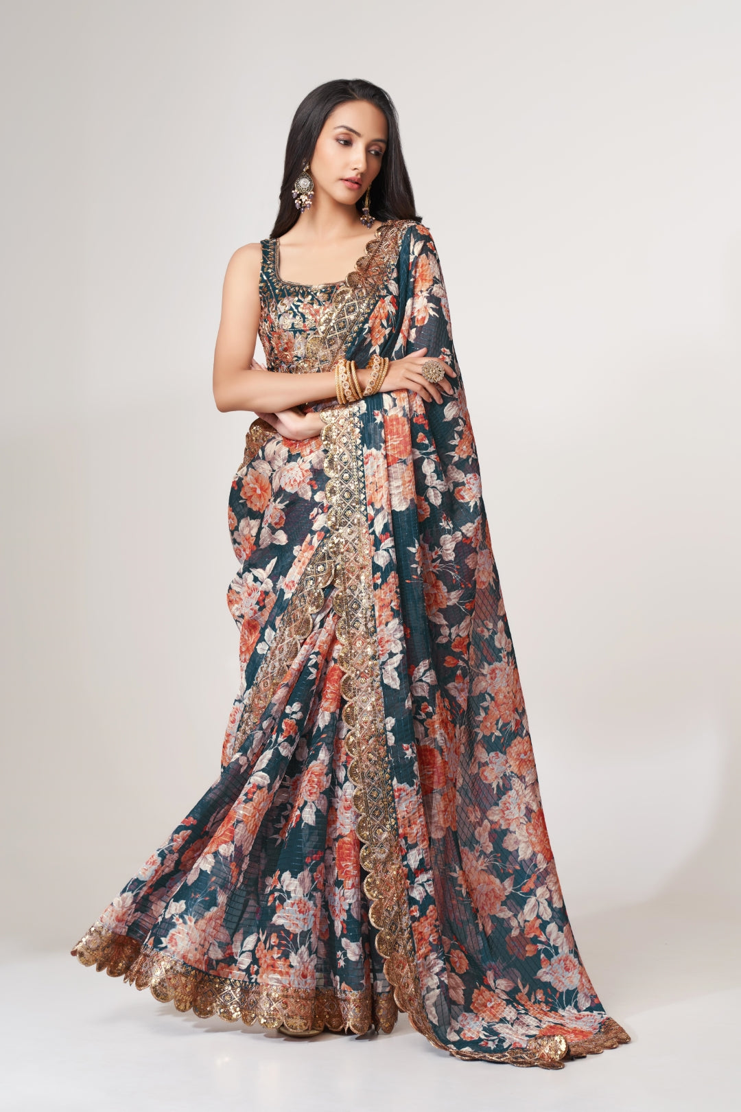 Dove Blue Organza Saree with Sequin Embroidery and Digital Print