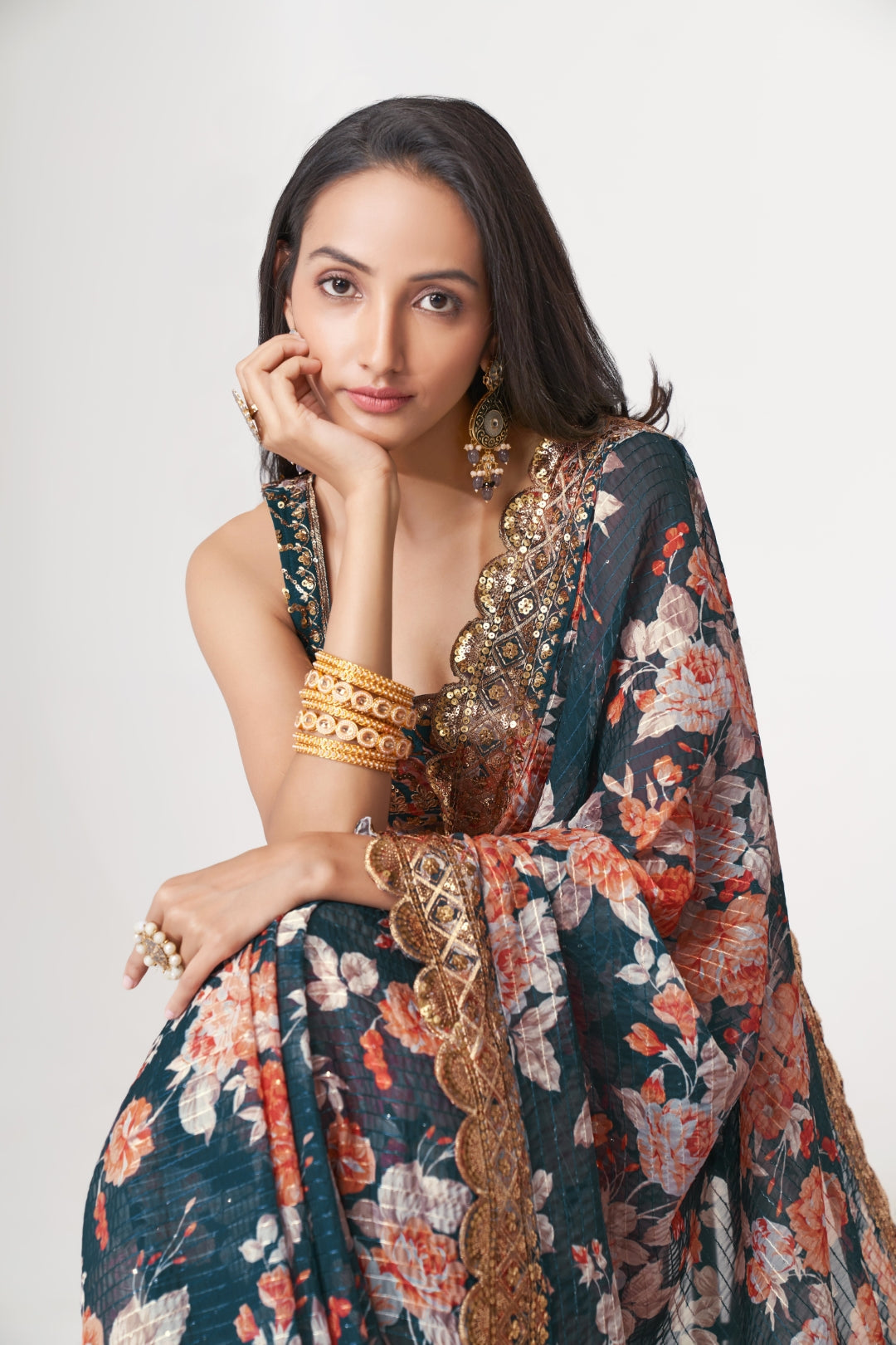 Dove Blue Organza Saree with Sequin Embroidery and Digital Print