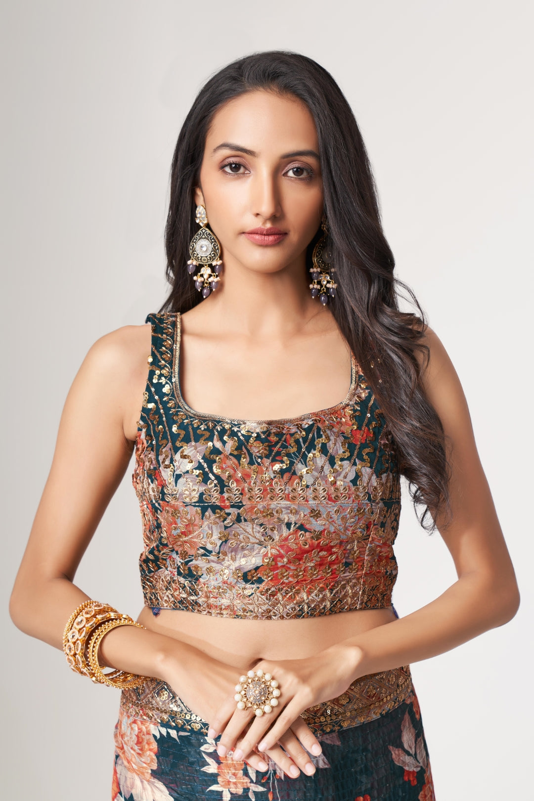 Dove Blue Organza Saree with Sequin Embroidery and Digital Print