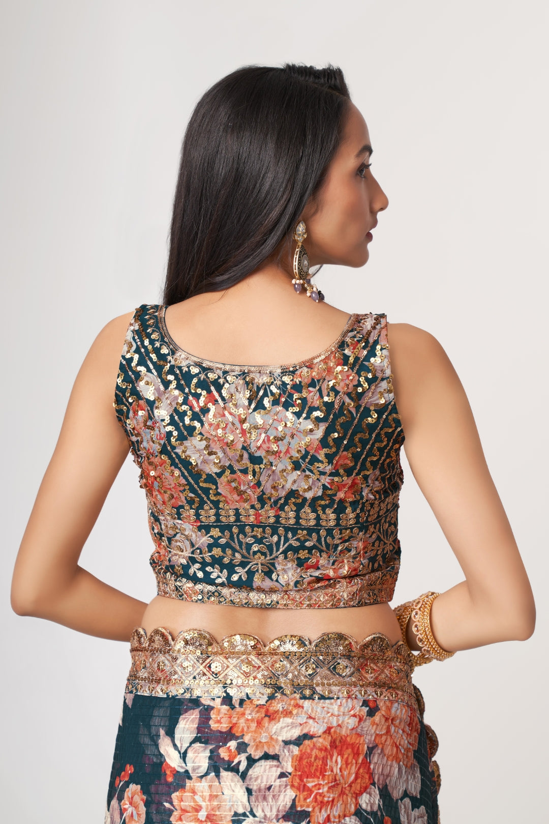 Dove Blue Organza Saree with Sequin Embroidery and Digital Print