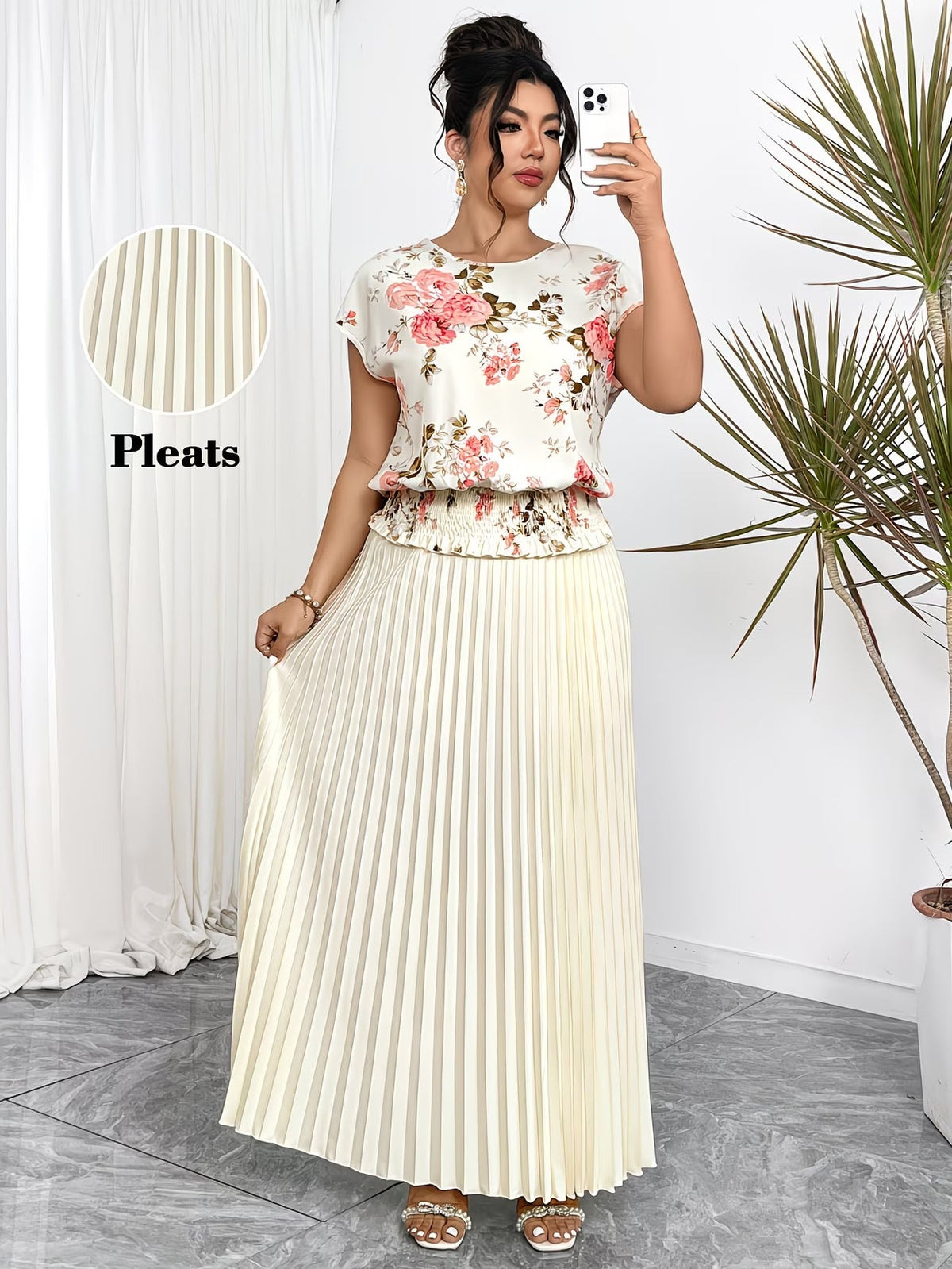 Women's Plus Size Printed Wrap Top & Pleated Skirt Co-Ord Set