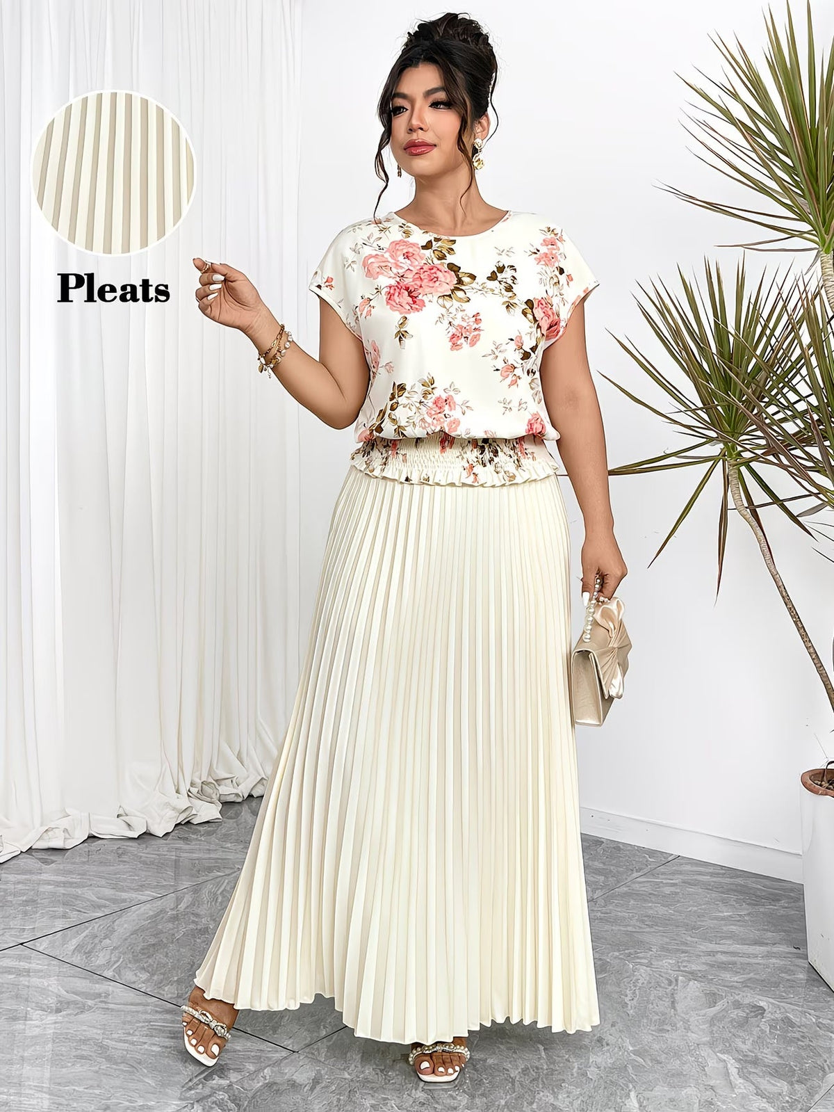 Women's Plus Size Printed Wrap Top & Pleated Skirt Co-Ord Set