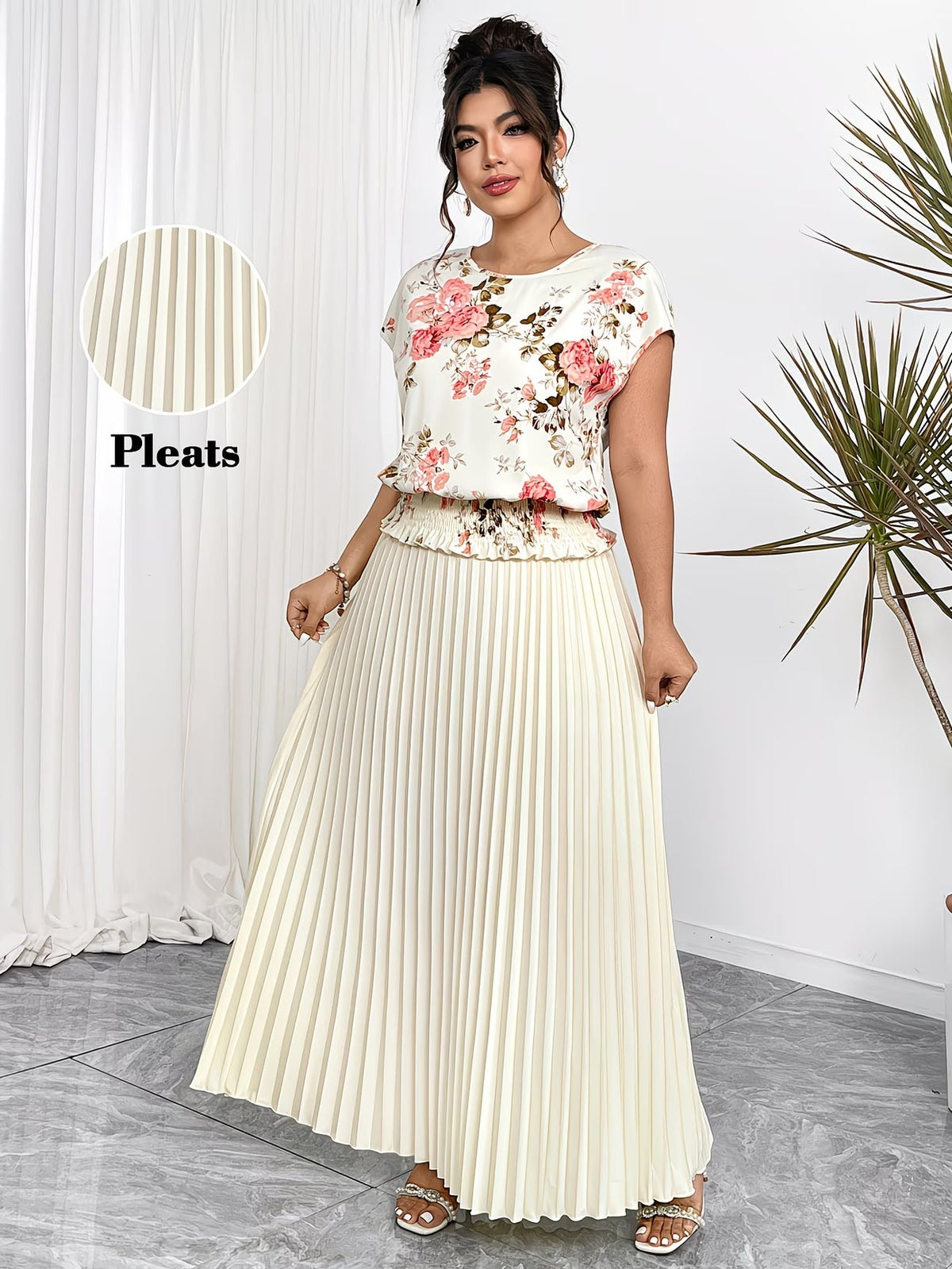 Women's Plus Size Printed Wrap Top & Pleated Skirt Co-Ord Set