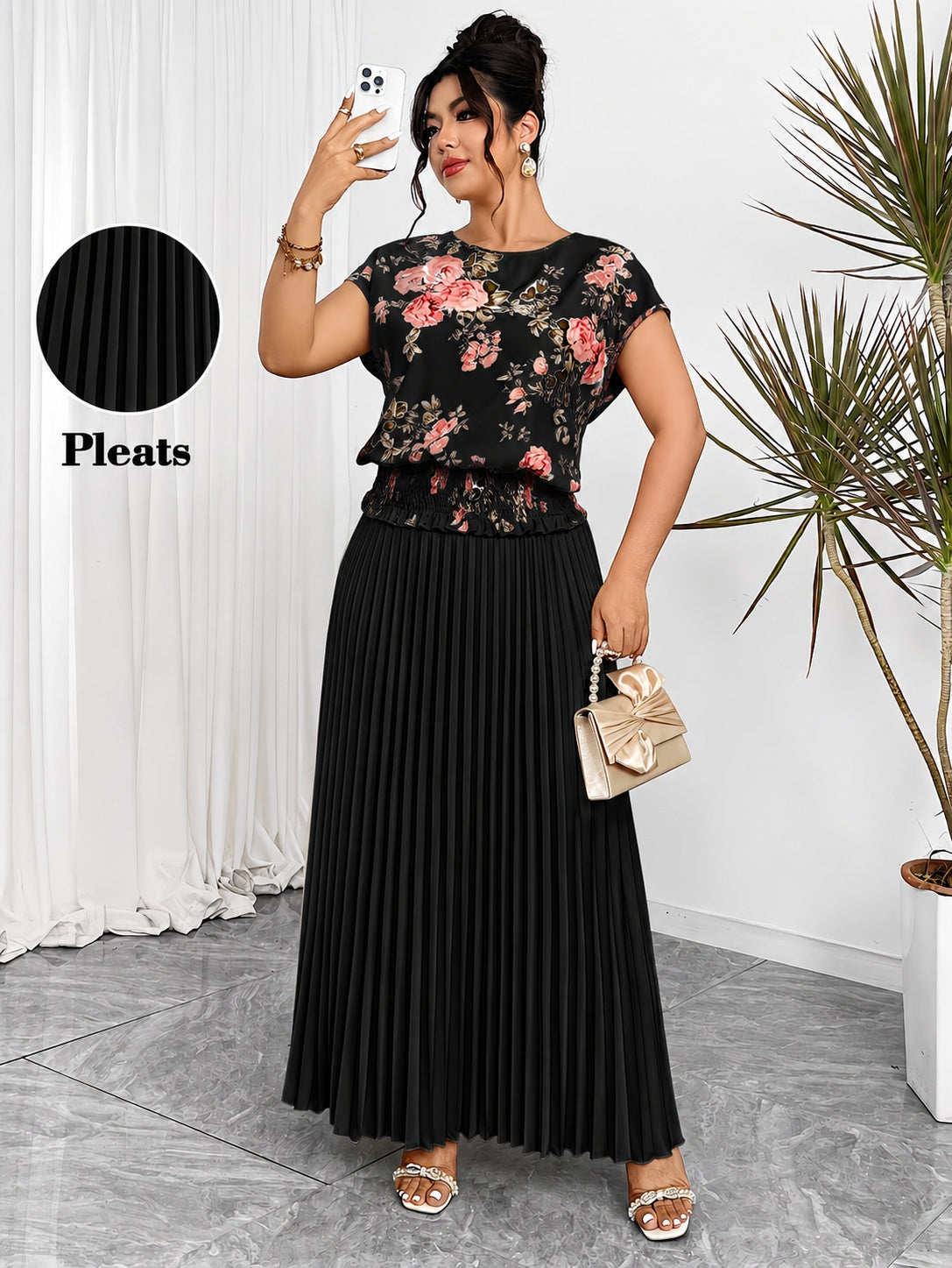 Women's Plus Size Printed Wrap Top & Pleated Skirt Co-Ord Set
