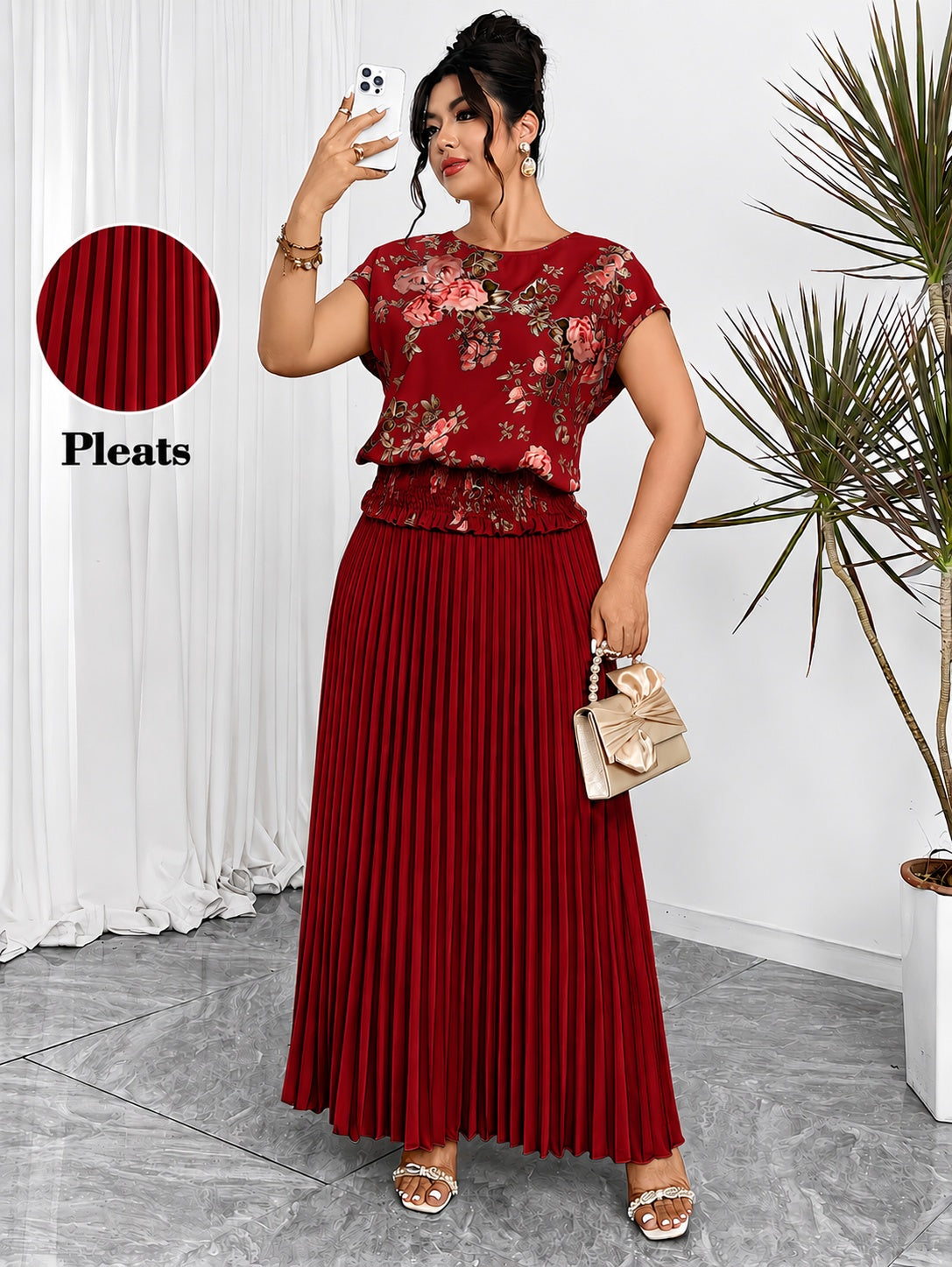 Women's Plus Size Printed Wrap Top & Pleated Skirt Co-Ord Set