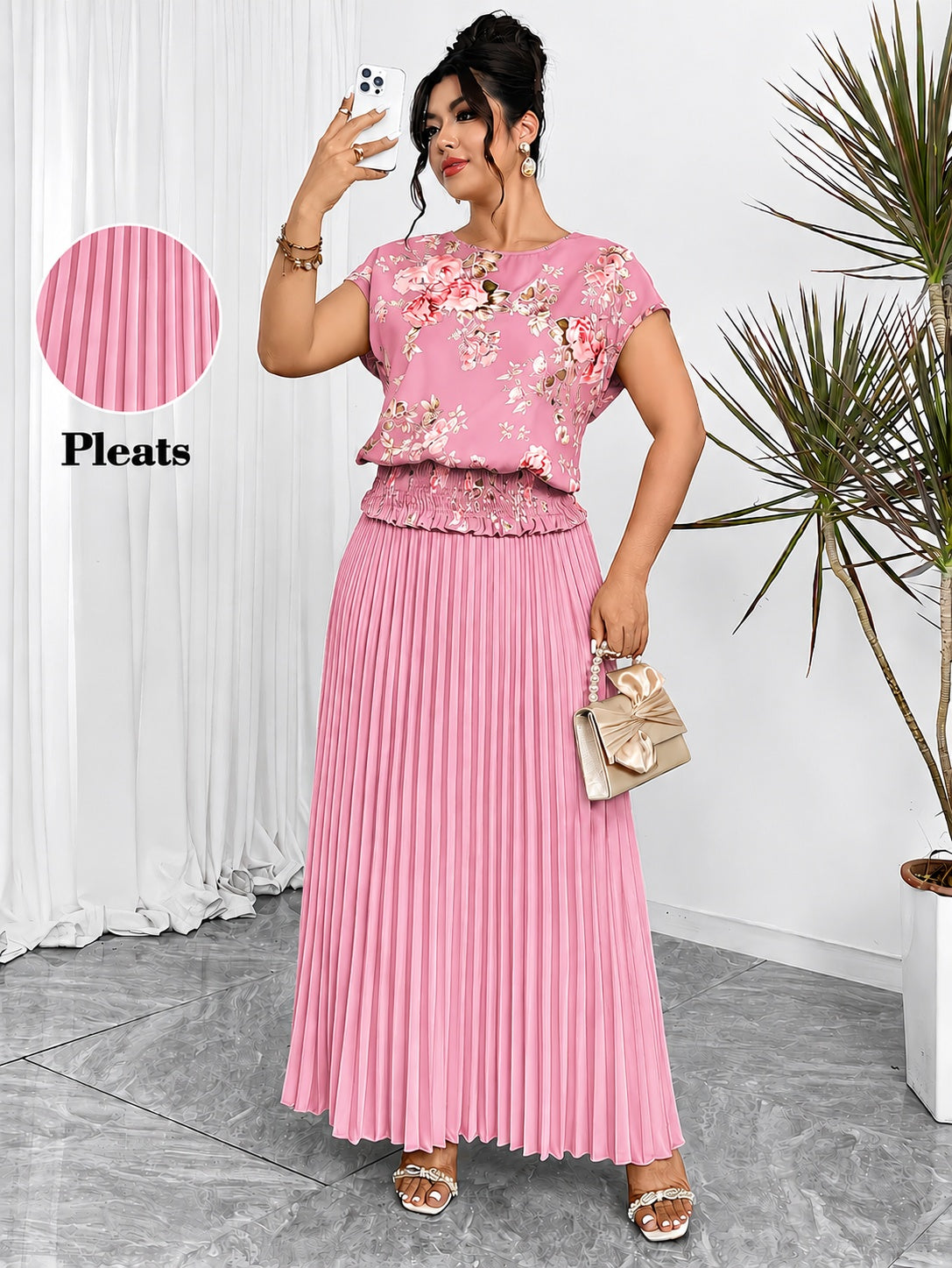 Women's Plus Size Printed Wrap Top & Pleated Skirt Co-Ord Set