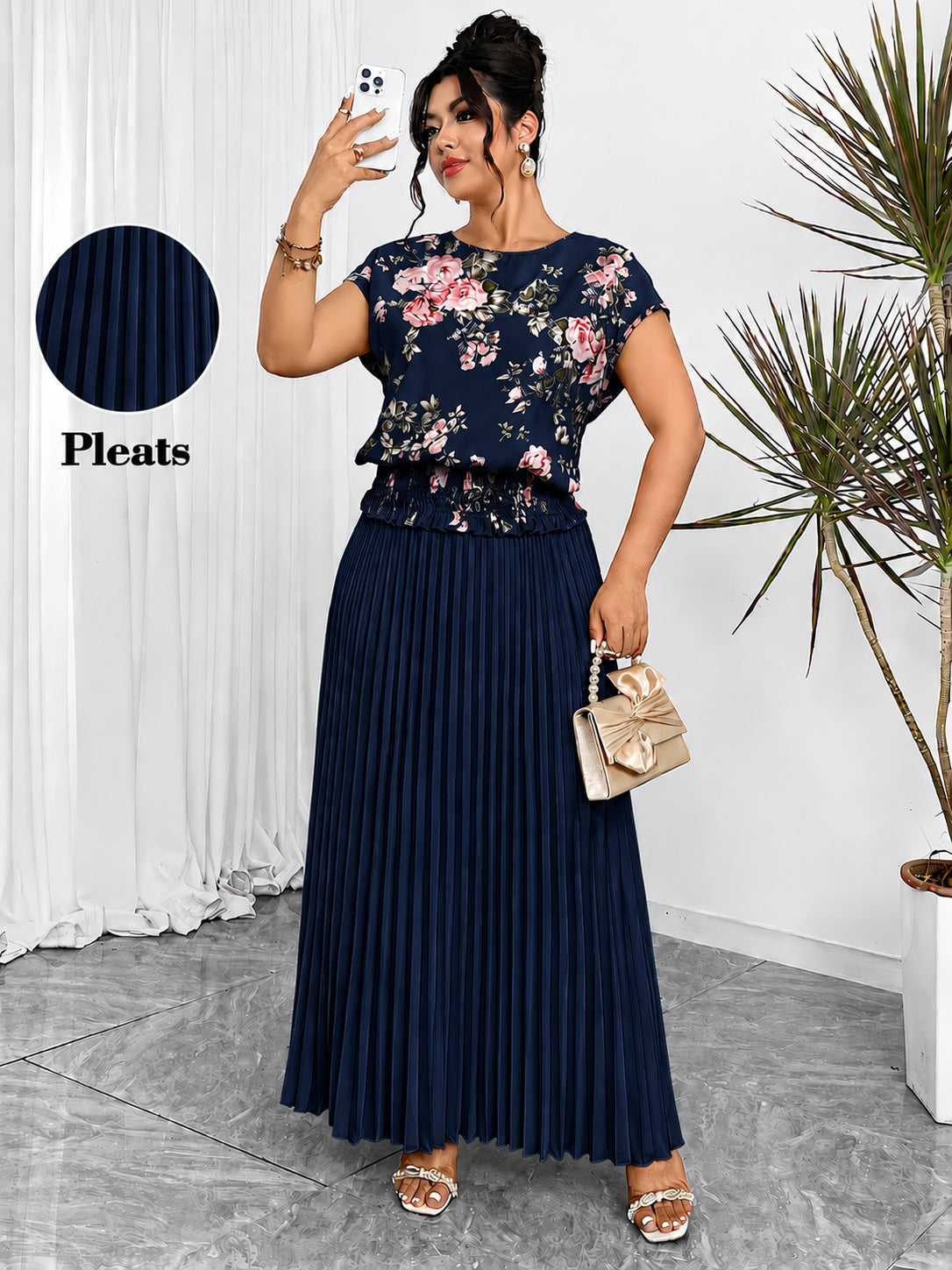 Women's Plus Size Printed Wrap Top & Pleated Skirt Co-Ord Set