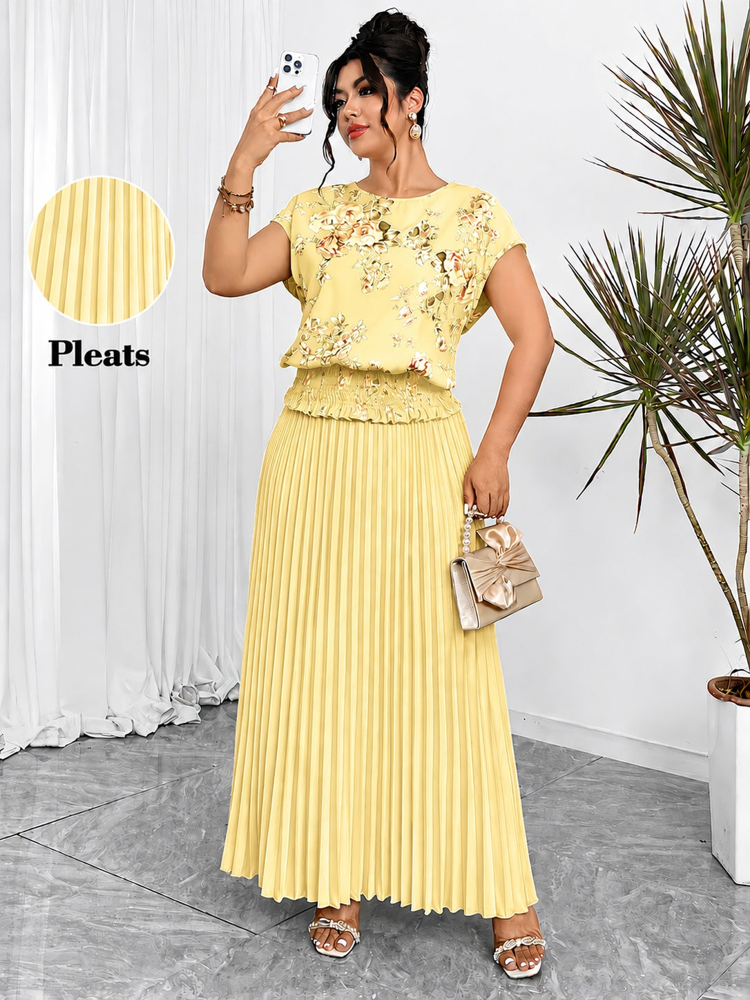 Women's Plus Size Printed Wrap Top & Pleated Skirt Co-Ord Set