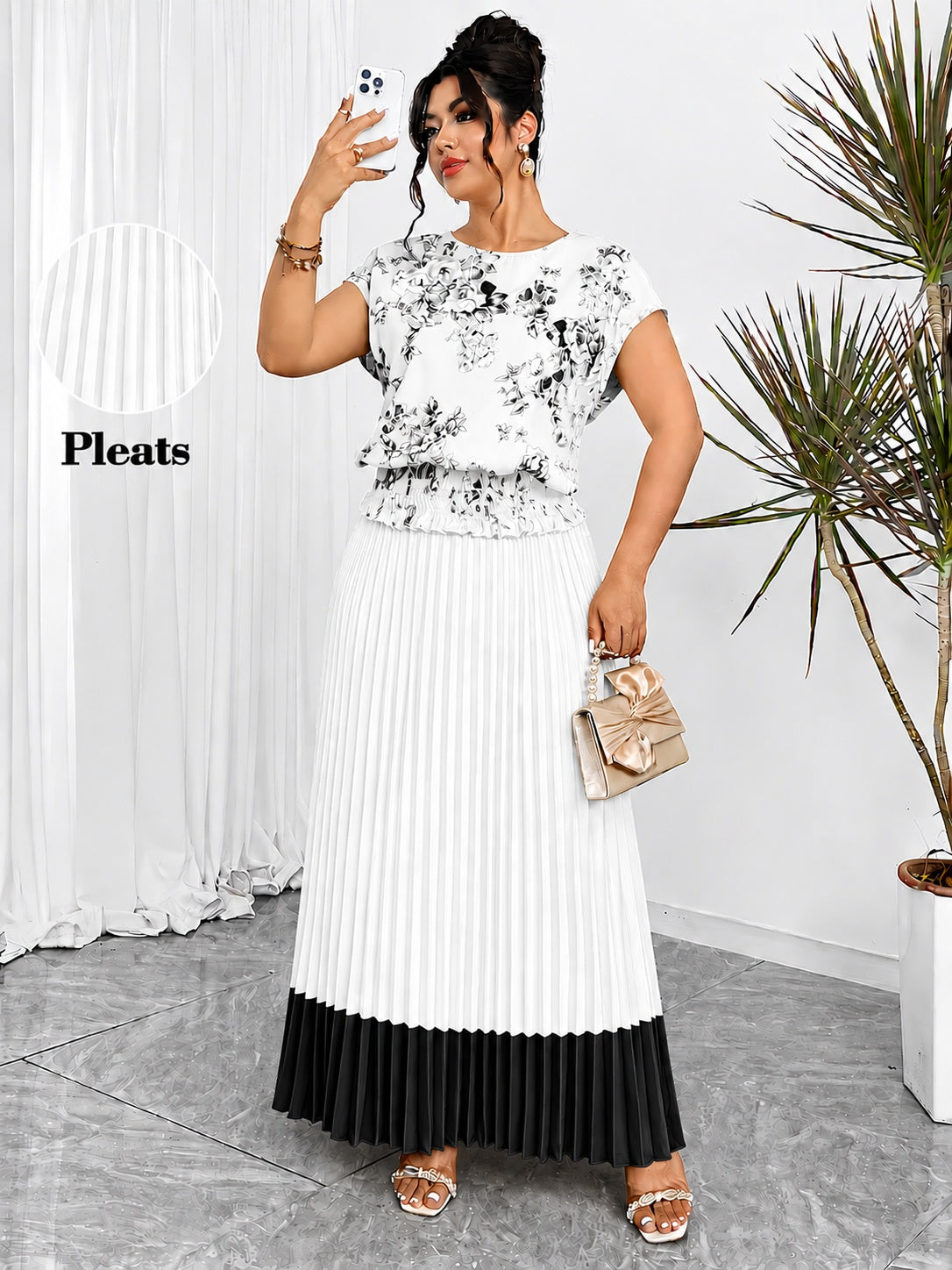 Women's Plus Size Printed Wrap Top & Pleated Skirt Co-Ord Set
