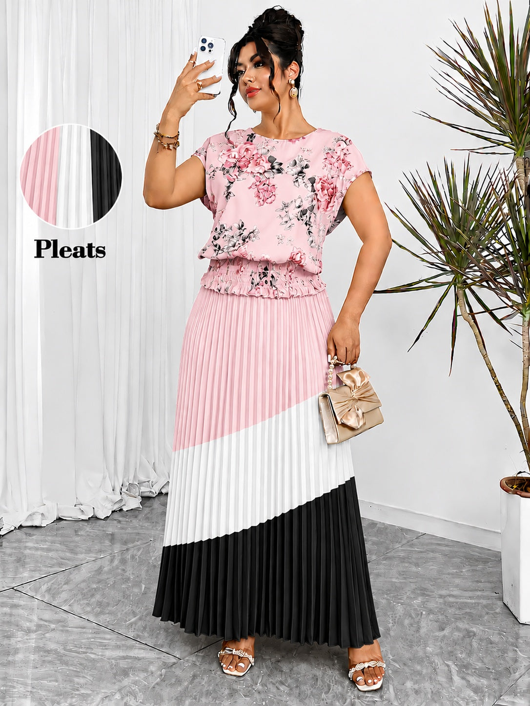 Women's Plus Size Printed Wrap Top & Pleated Skirt Co-Ord Set