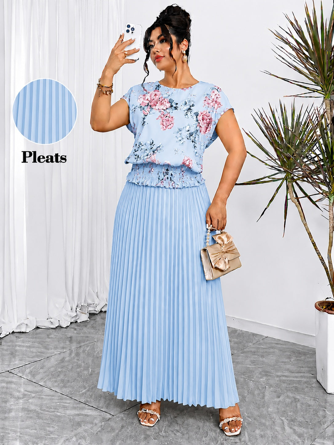 Women's Plus Size Printed Wrap Top & Pleated Skirt Co-Ord Set