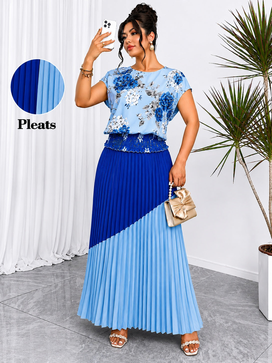 Women's Plus Size Printed Wrap Top & Pleated Skirt Co-Ord Set