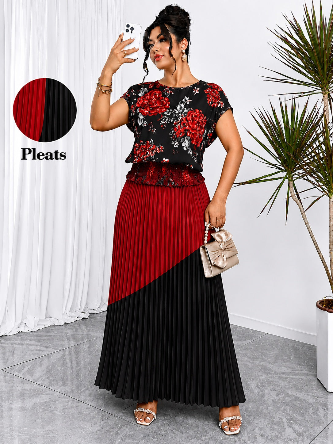 Women's Plus Size Printed Wrap Top & Pleated Skirt Co-Ord Set
