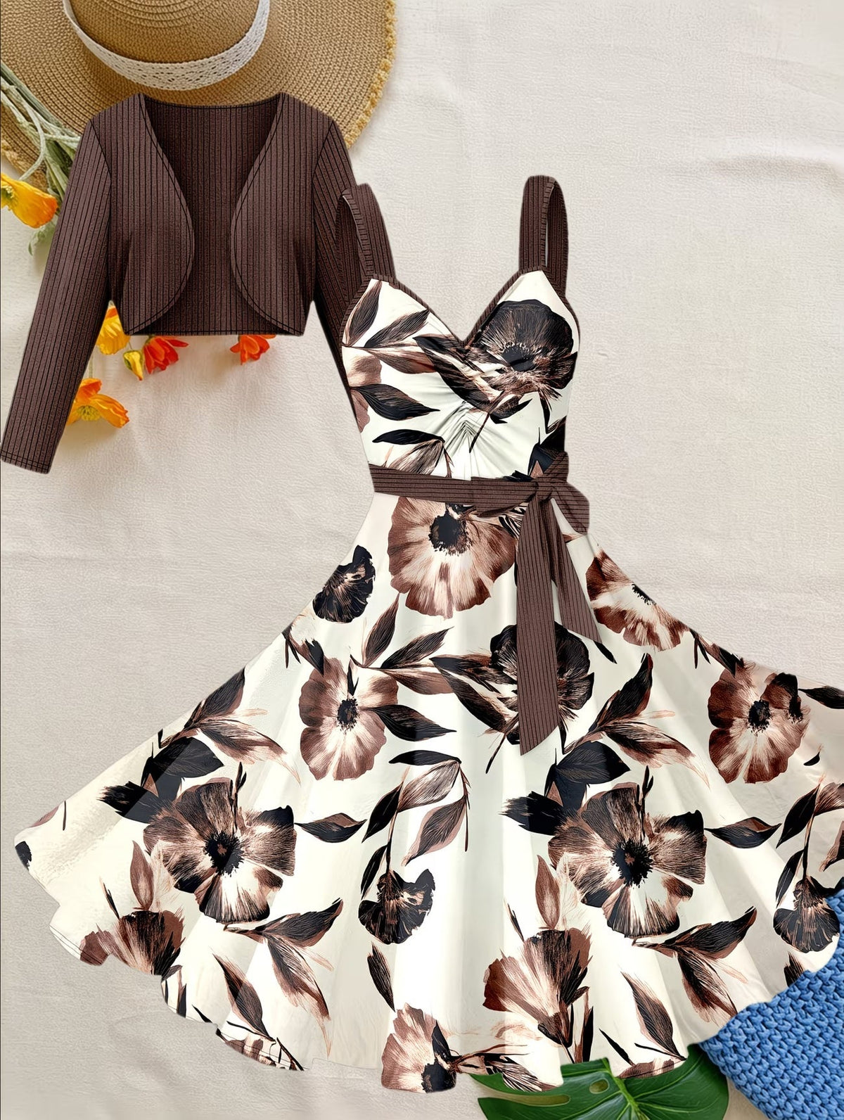 Women's Floral Halter Dress & Cardigan Set