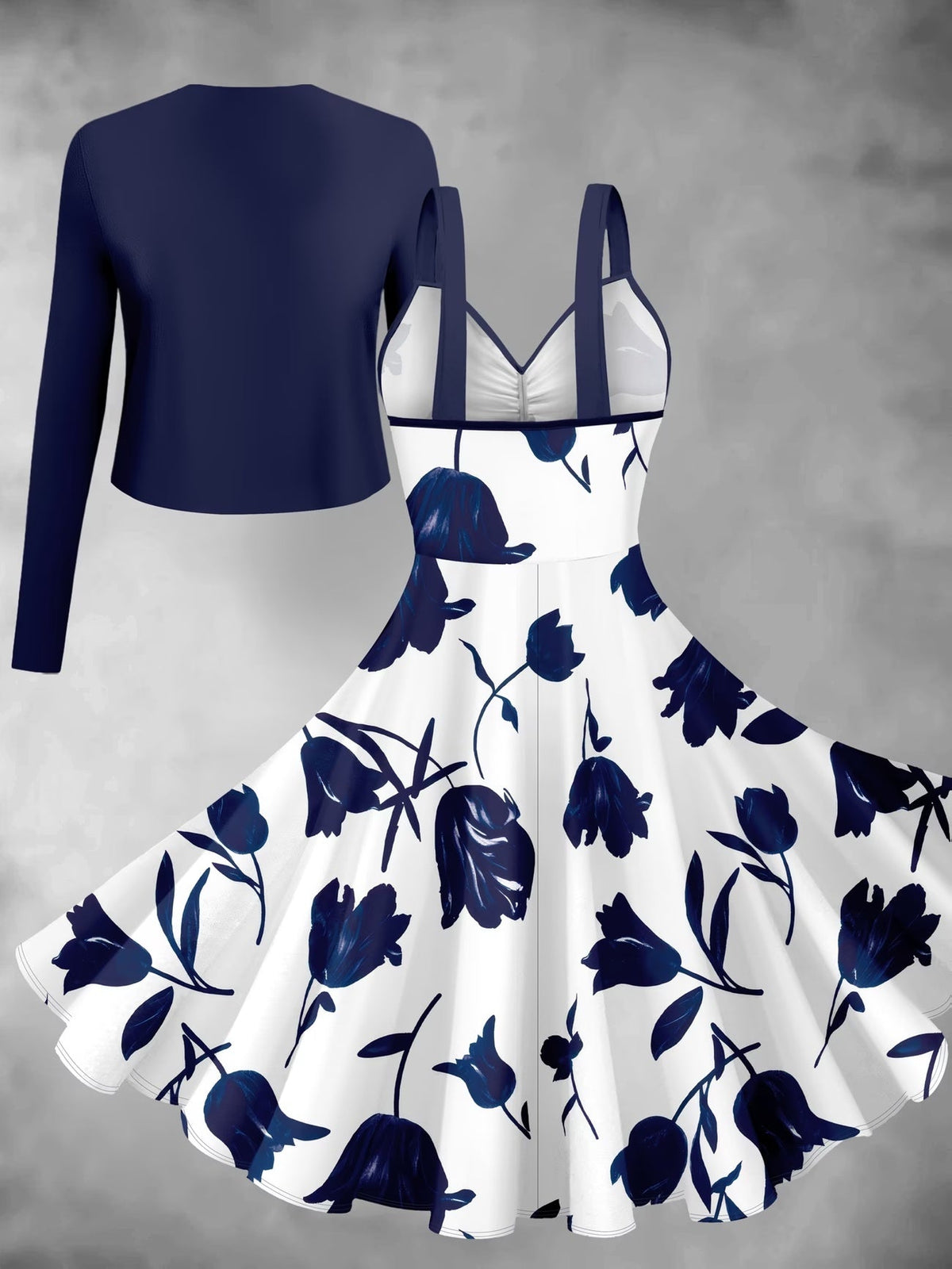 Blooming Grace Women's Floral Tie-Waist Dress with Matching Cardigan