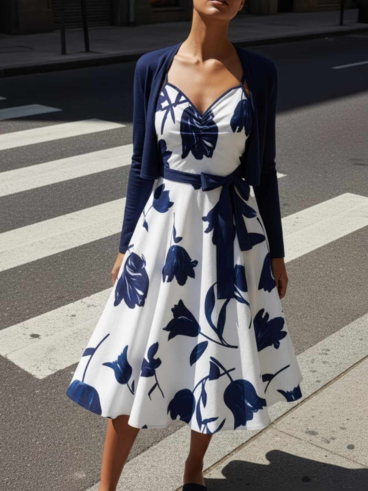 Blooming Grace Women's Floral Tie-Waist Dress with Matching Cardigan