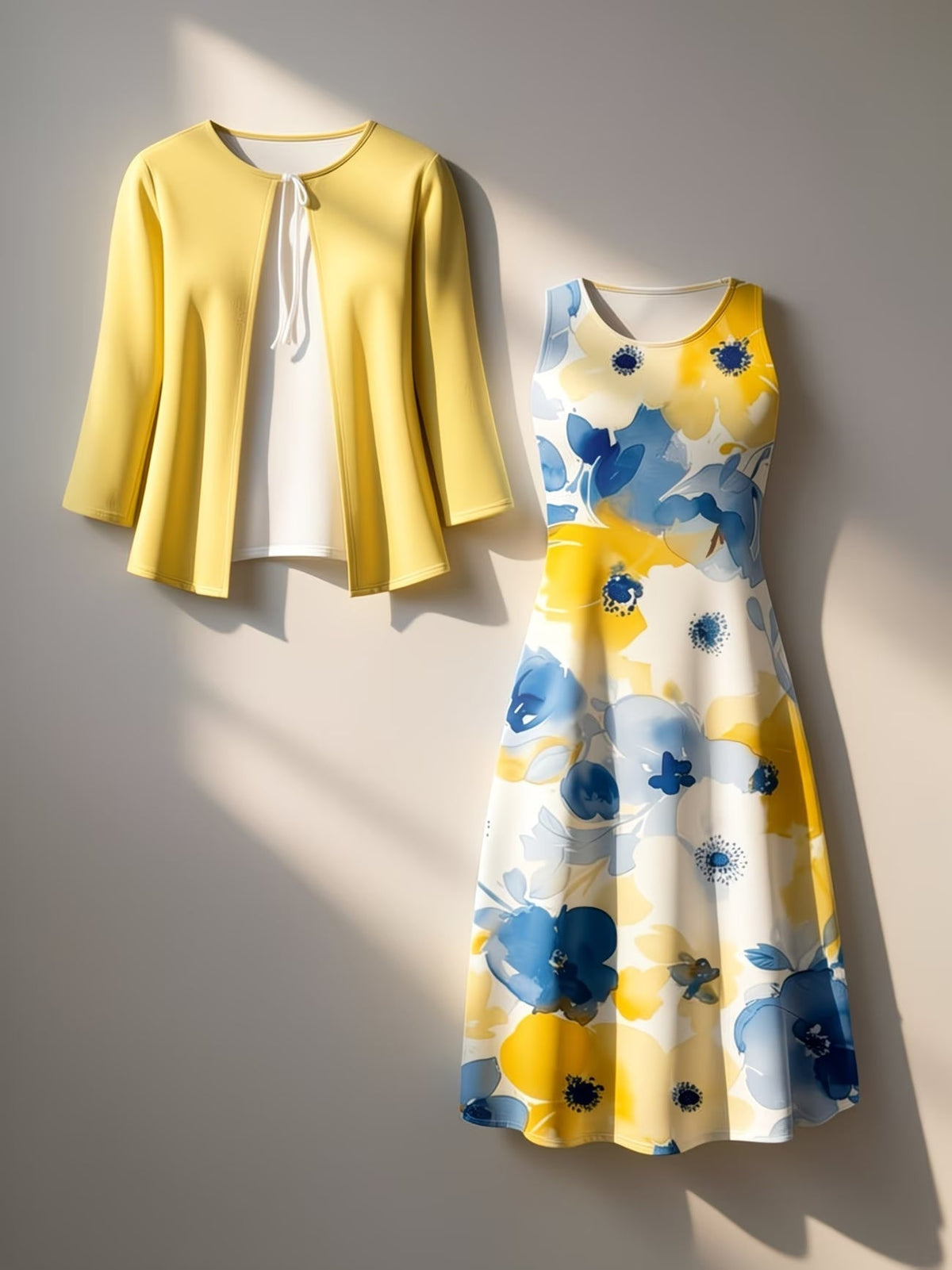 Blooming Grace Women's Floral Tie-Waist Dress with Matching Cardigan
