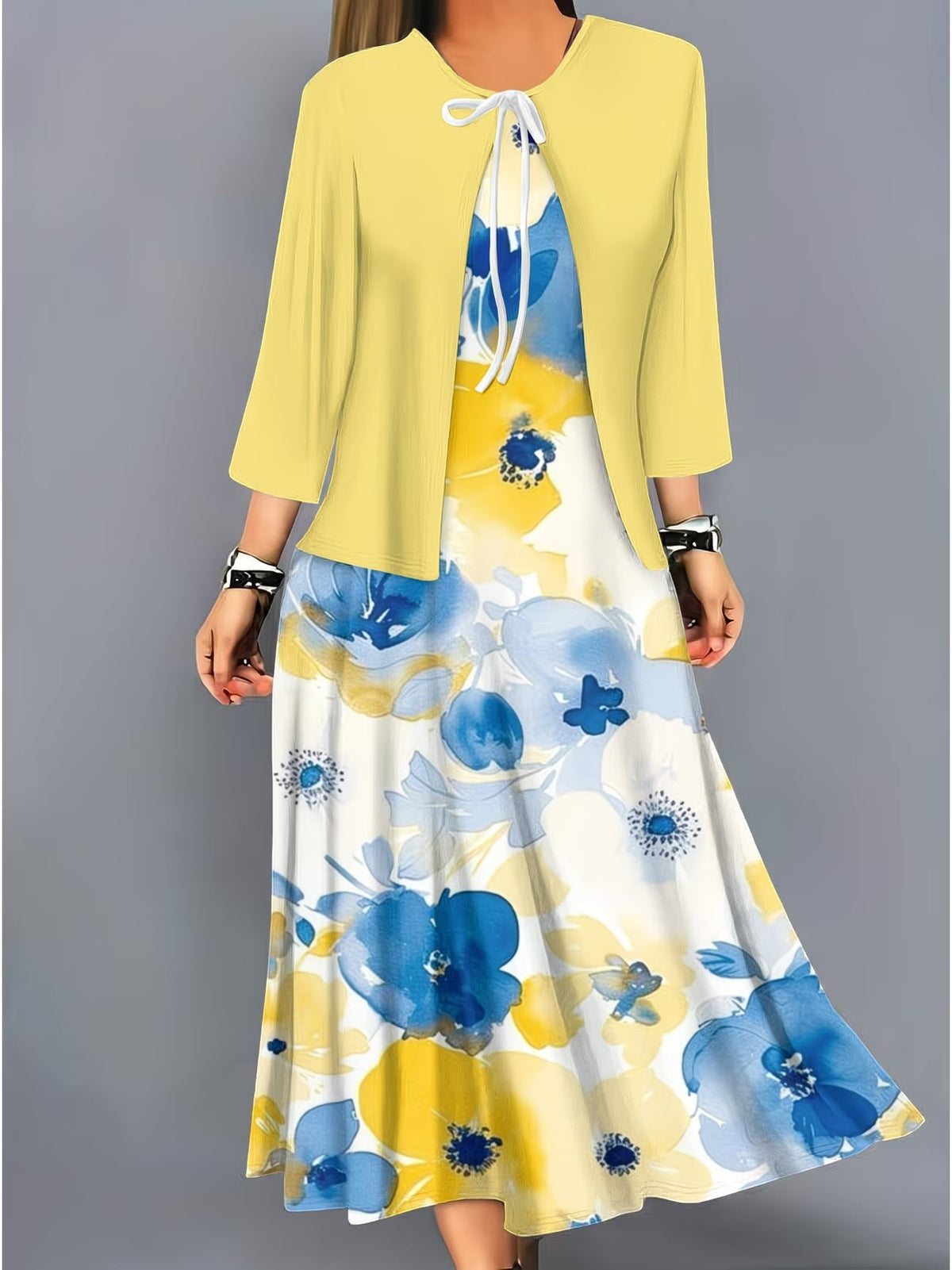 Blooming Grace Women's Floral Tie-Waist Dress with Matching Cardigan