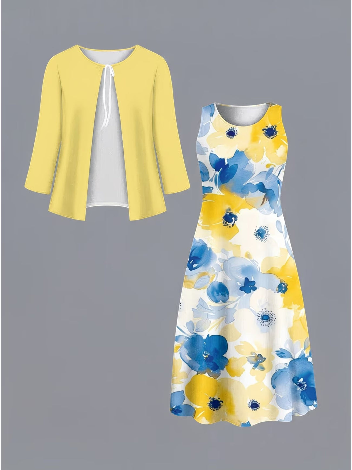Blooming Grace Women's Floral Tie-Waist Dress with Matching Cardigan