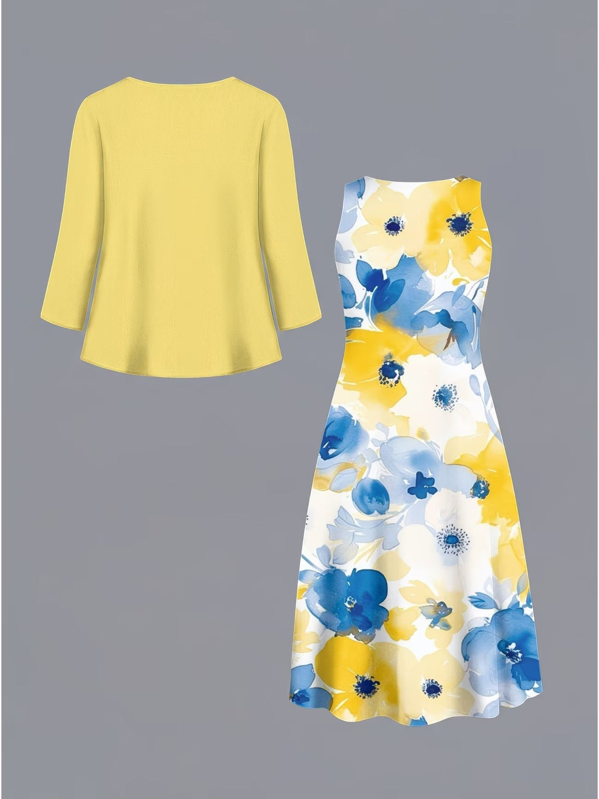 Blooming Grace Women's Floral Tie-Waist Dress with Matching Cardigan
