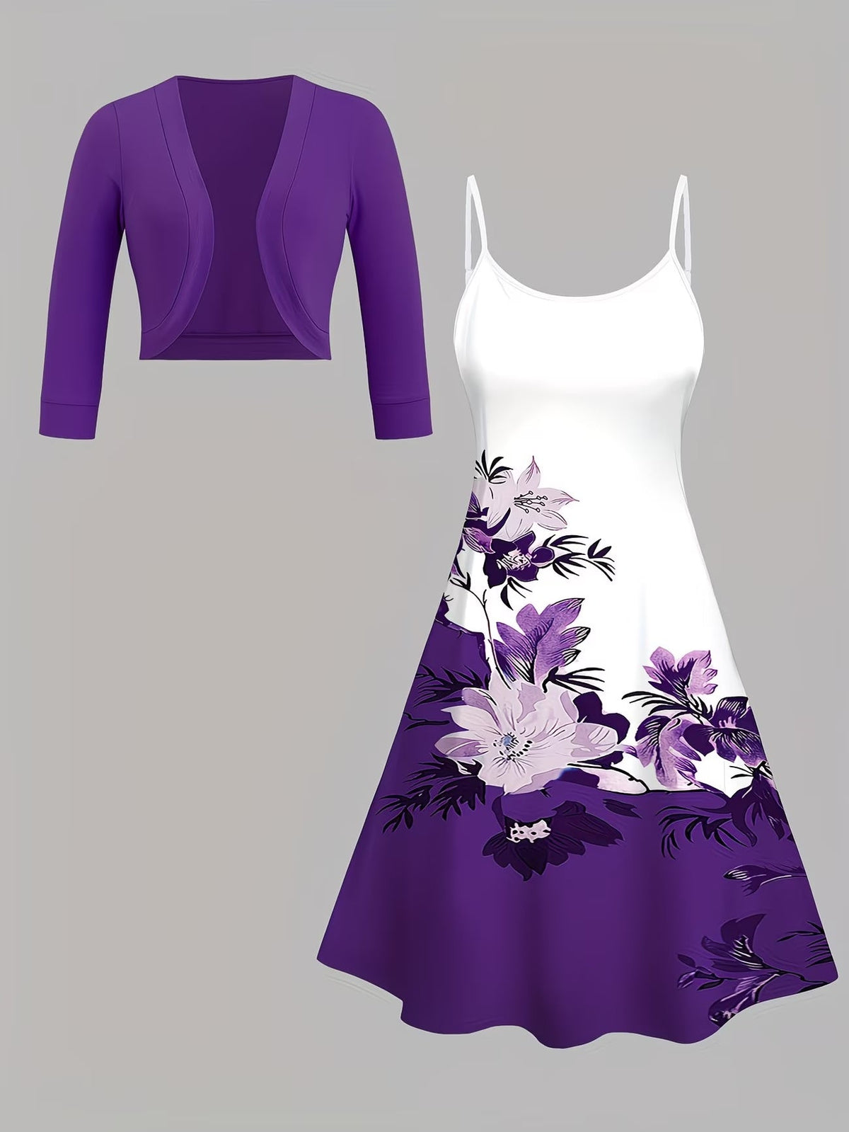 Blooming Grace Women's Floral Tie-Waist Dress with Matching Cardigan