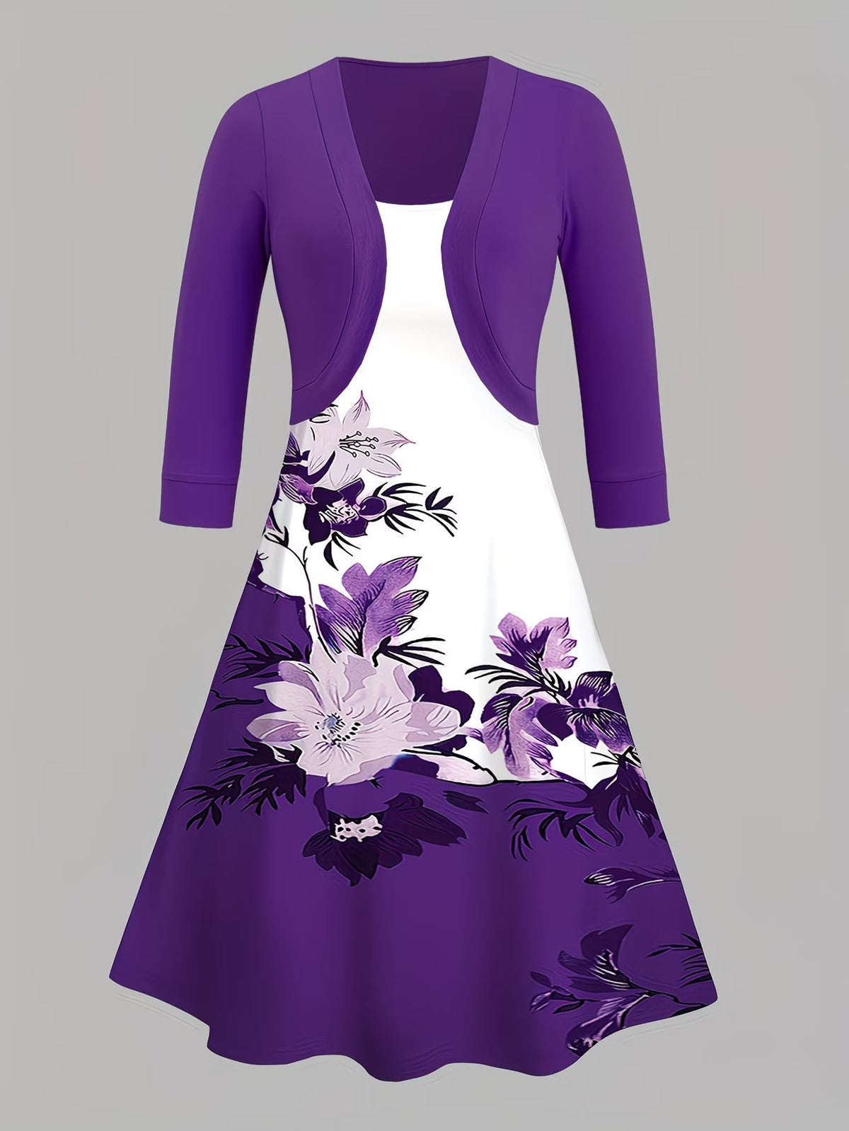 Blooming Grace Women's Floral Tie-Waist Dress with Matching Cardigan