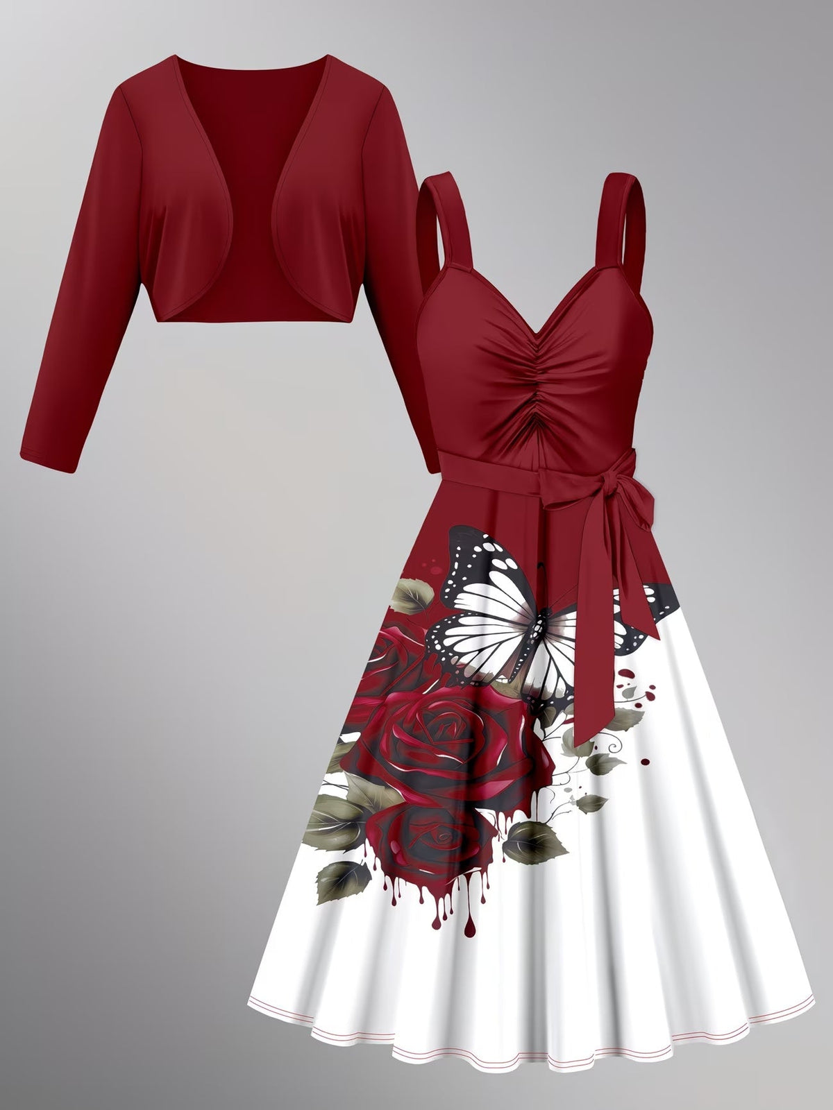 Blooming Grace Women's Floral Tie-Waist Dress with Matching Cardigan