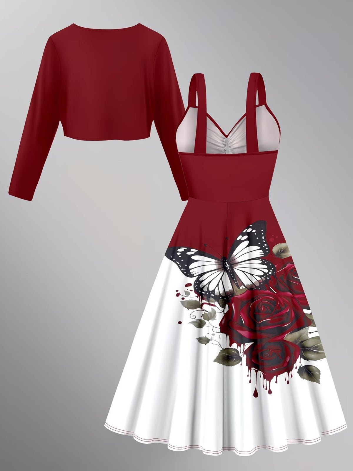 Blooming Grace Women's Floral Tie-Waist Dress with Matching Cardigan