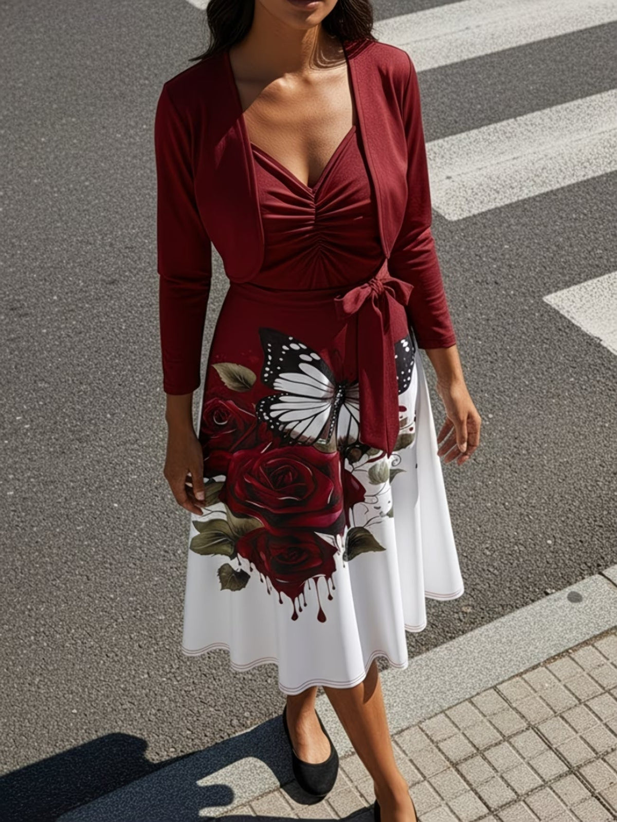 Blooming Grace Women's Floral Tie-Waist Dress with Matching Cardigan