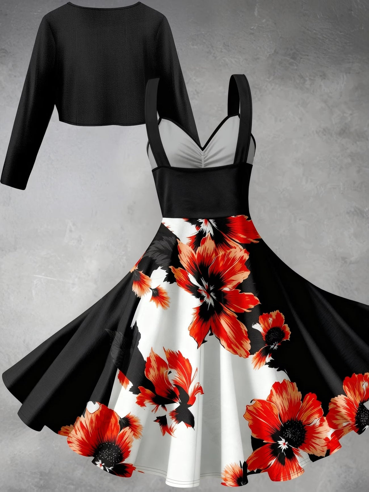 Blooming Grace Women's Floral Tie-Waist Dress with Matching Cardigan