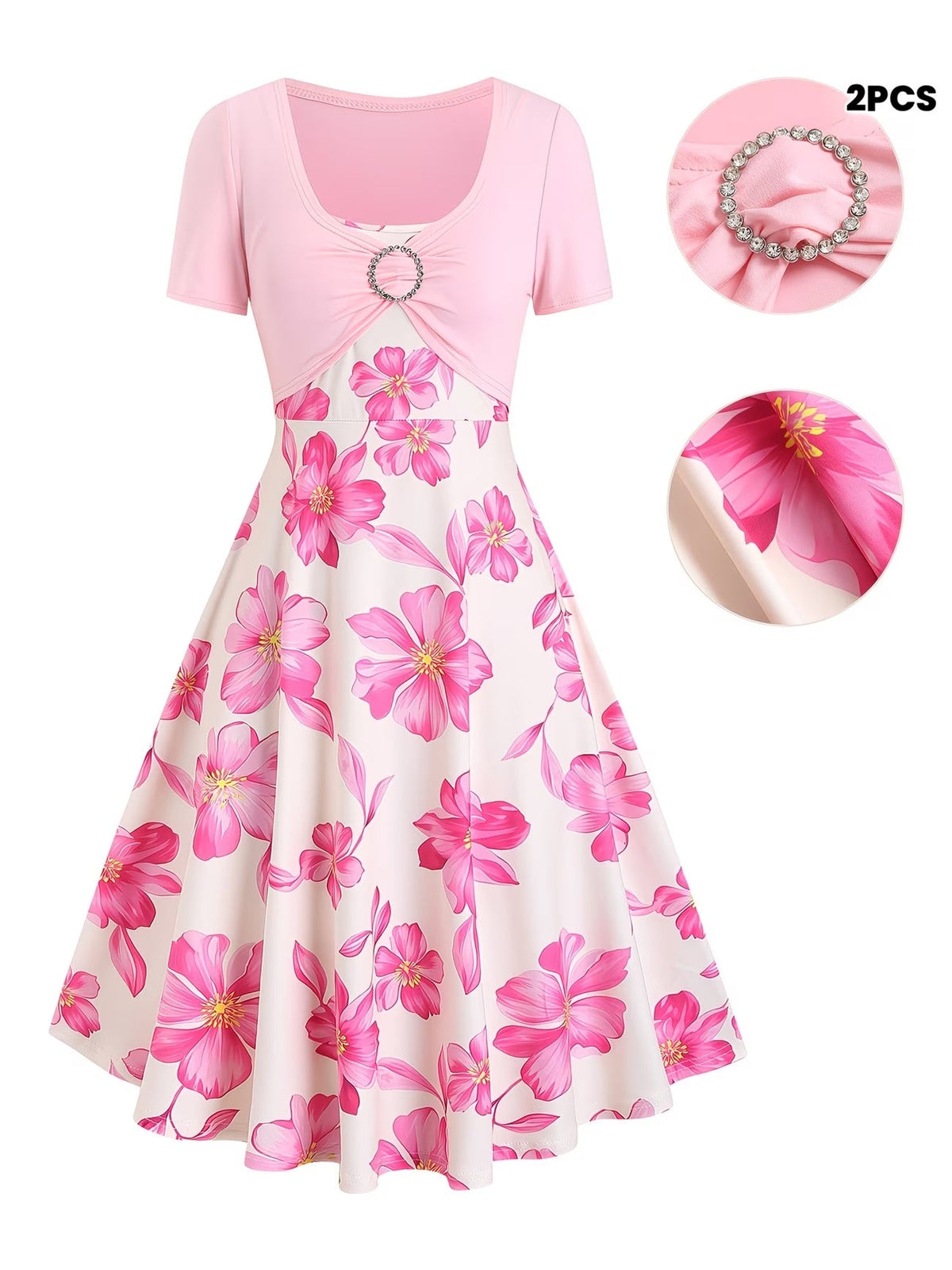 Blooming Grace Women's Floral Tie-Waist Dress with Matching Cardigan
