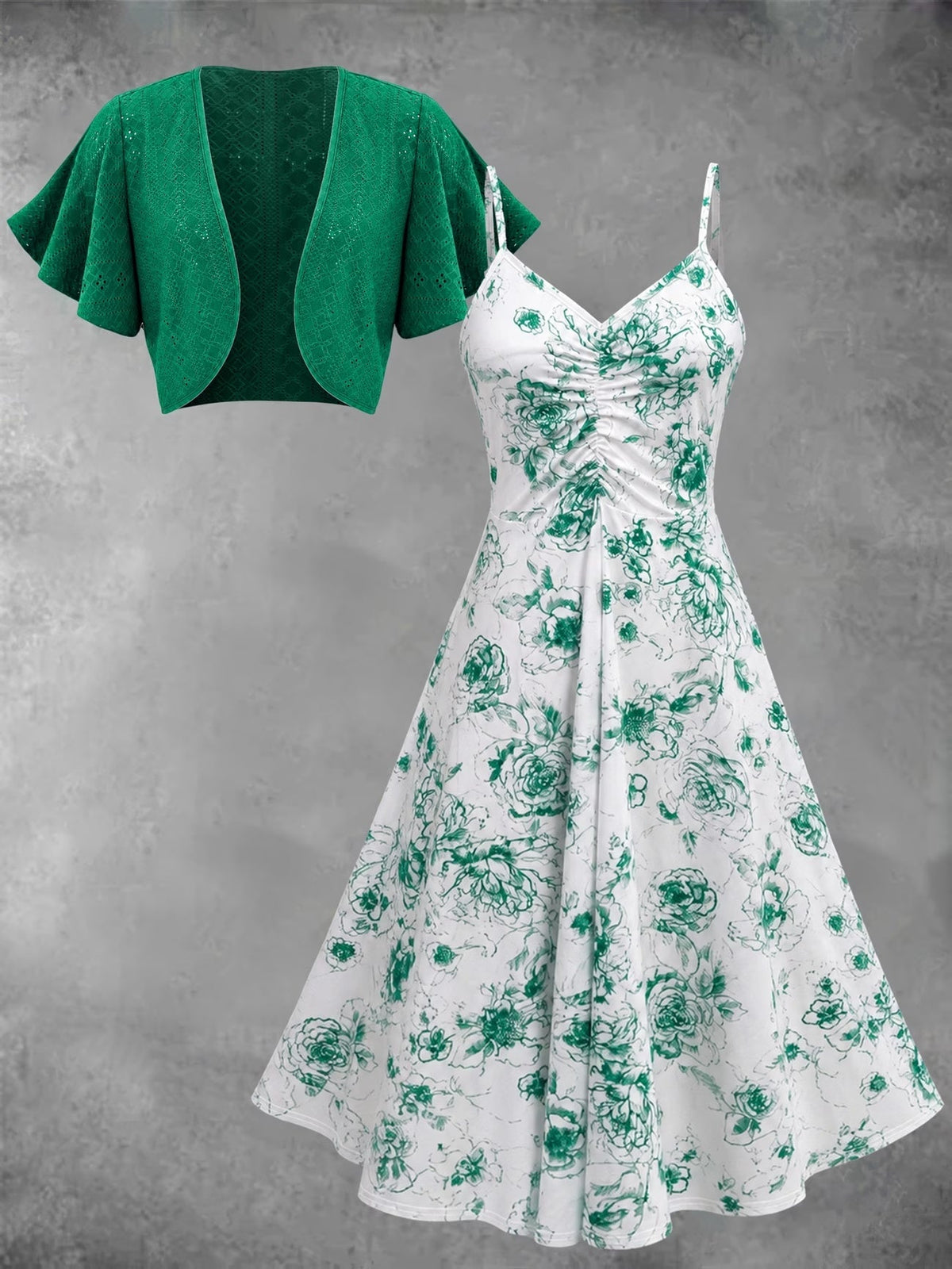 Blooming Grace Women's Floral Tie-Waist Dress with Matching Cardigan