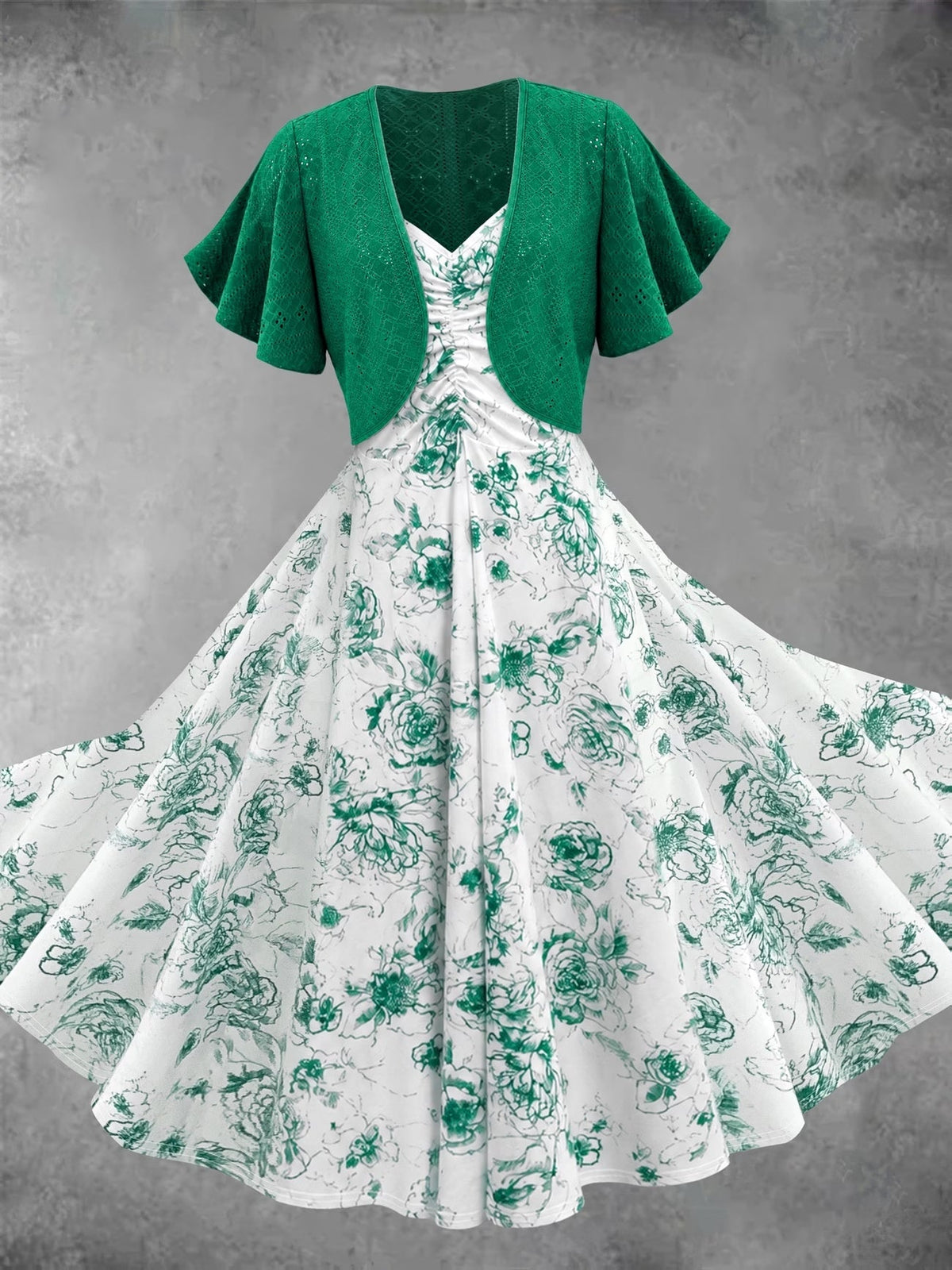Blooming Grace Women's Floral Tie-Waist Dress with Matching Cardigan