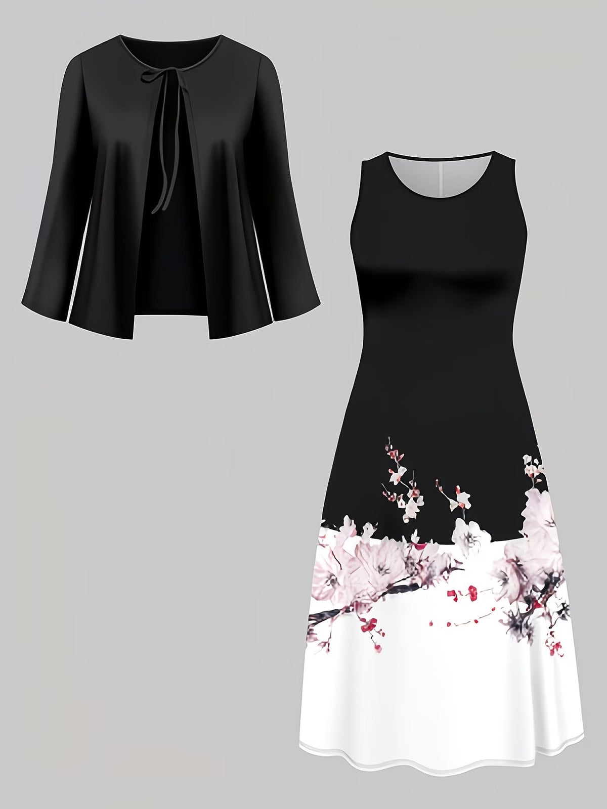 Blooming Grace Women's Floral Tie-Waist Dress with Matching Cardigan