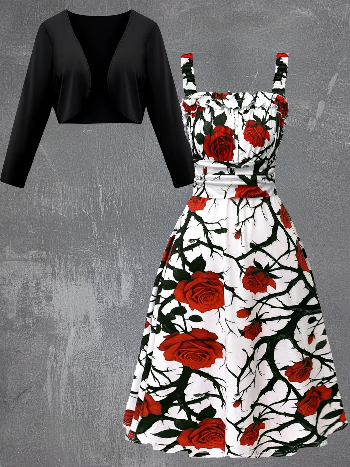 Blooming Grace Women's Floral Tie-Waist Dress with Matching Cardigan