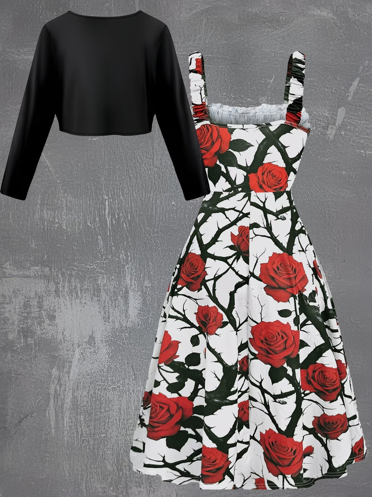 Blooming Grace Women's Floral Tie-Waist Dress with Matching Cardigan