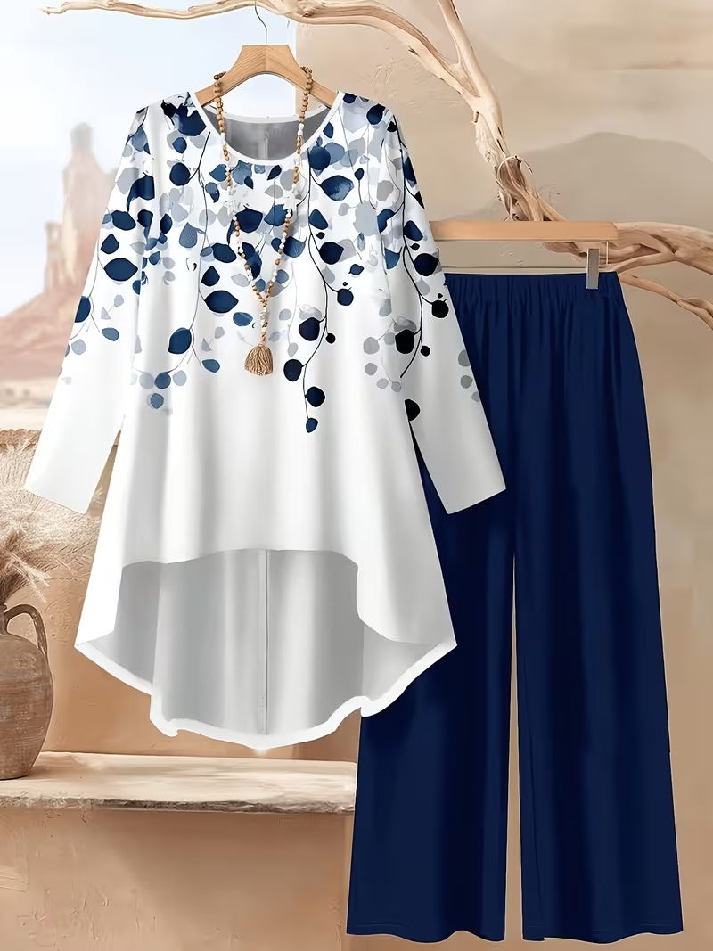Women's Plus Size Leaf Print Top & Wide-Leg Pants Set