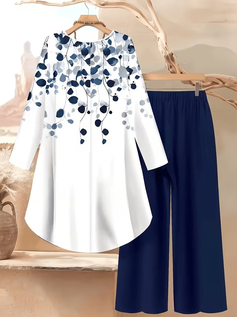 Women's Plus Size Leaf Print Top & Wide-Leg Pants Set