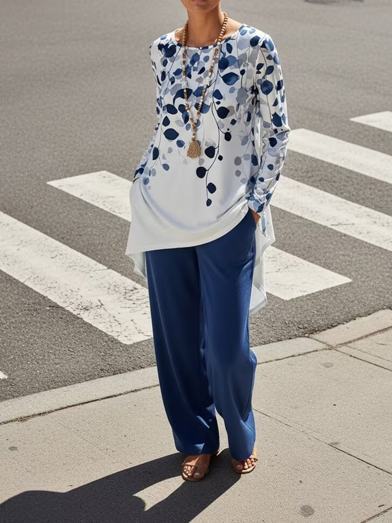 Women's Plus Size Leaf Print Top & Wide-Leg Pants Set
