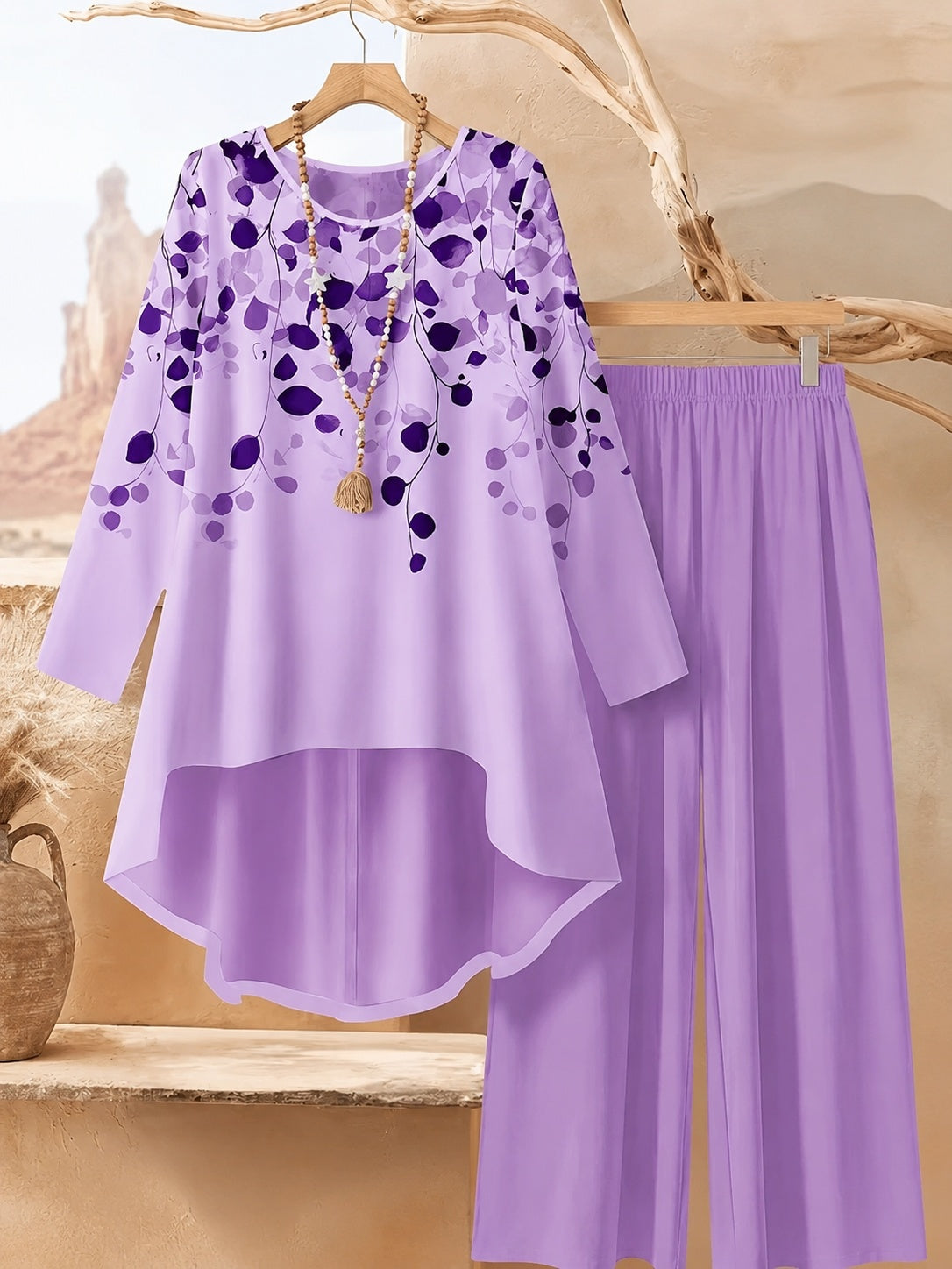 Women's Plus Size Leaf Print Top & Wide-Leg Pants Set