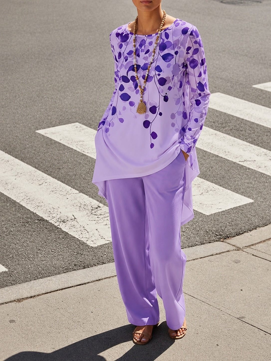 Women's Plus Size Leaf Print Top & Wide-Leg Pants Set