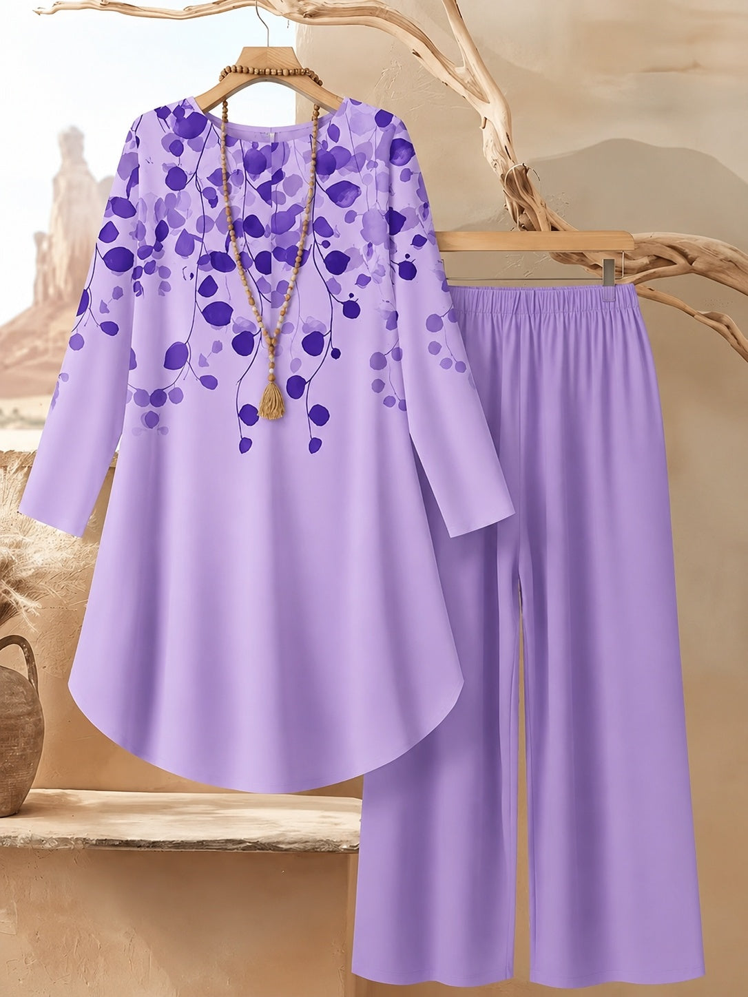 Women's Plus Size Leaf Print Top & Wide-Leg Pants Set