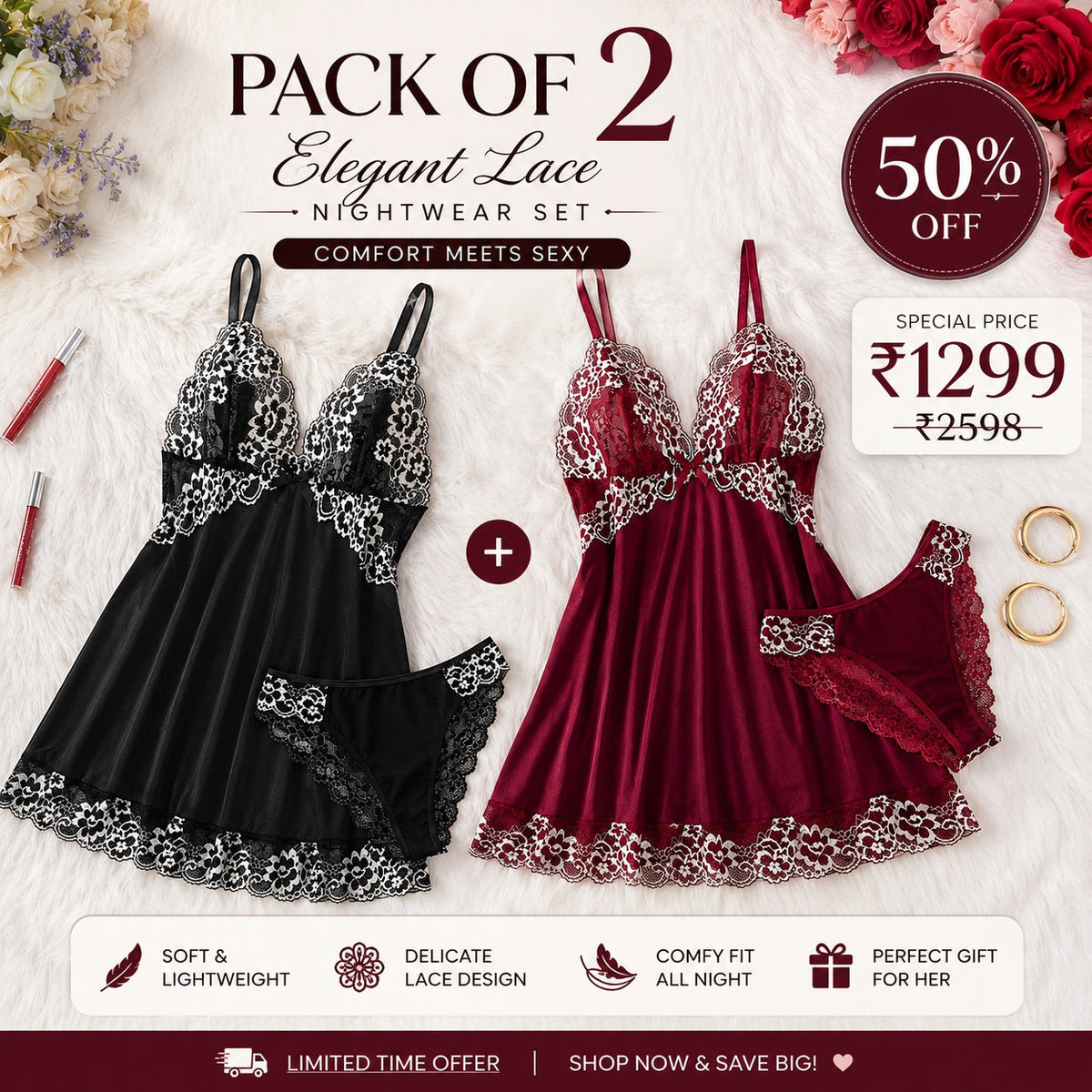 Pack of 2 Premium Lace Babydoll Nightwear Set | 50% OFF | Only ₹1299