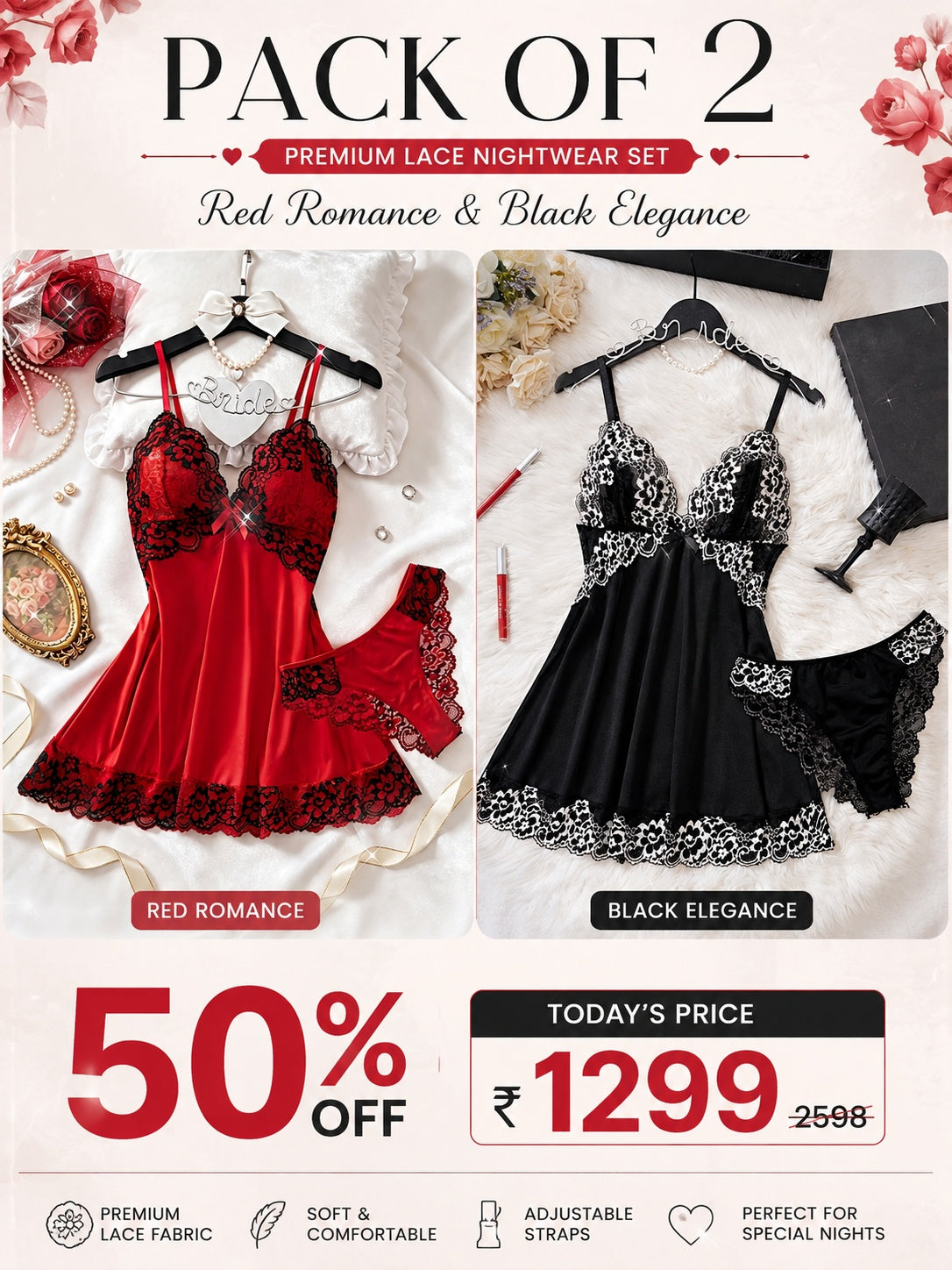 Pack of 2 Premium Lace Babydoll Nightwear Set | 50% OFF | Only ₹1299