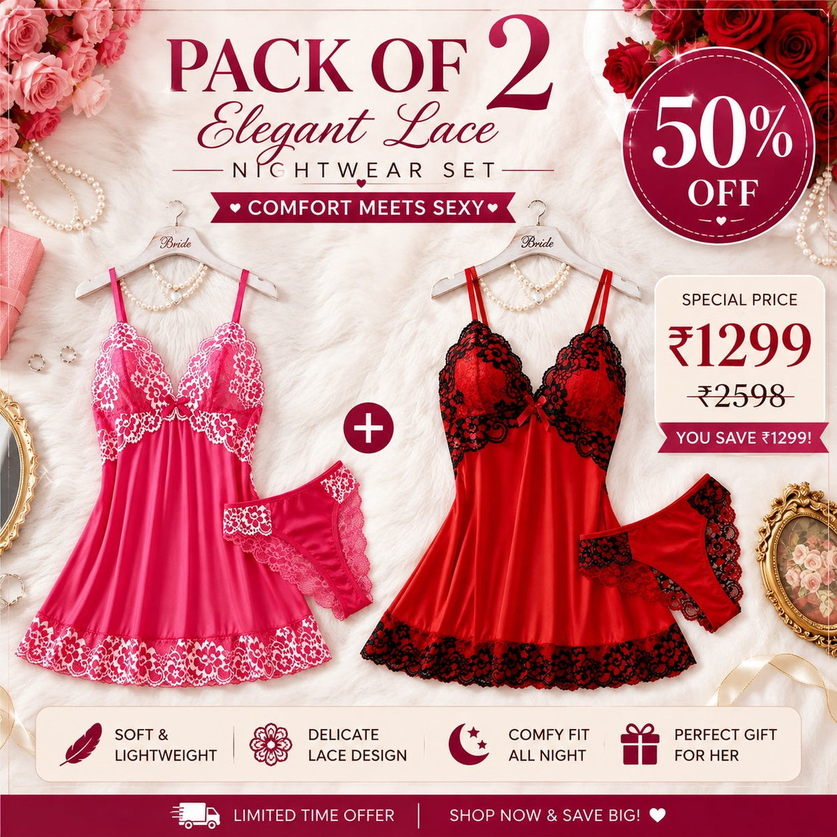 Pack of 2 Premium Lace Babydoll Nightwear Set | 50% OFF | Only ₹1299