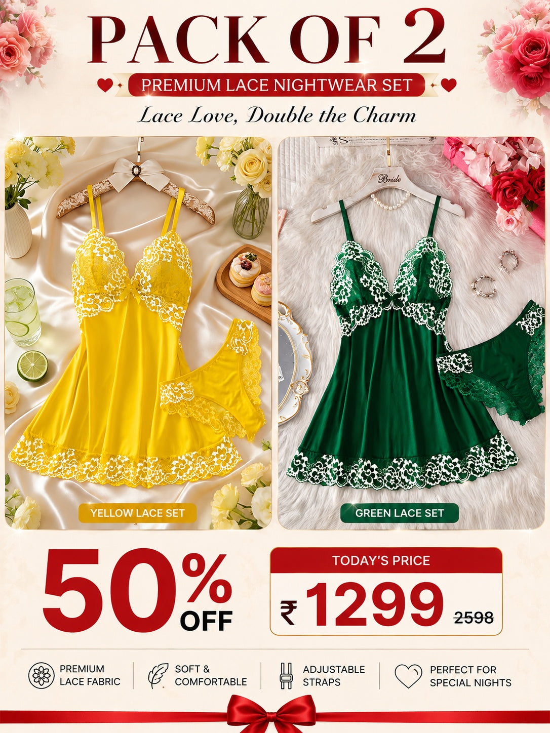 Pack of 2 Premium Lace Babydoll Nightwear Set | 50% OFF | Only ₹1299